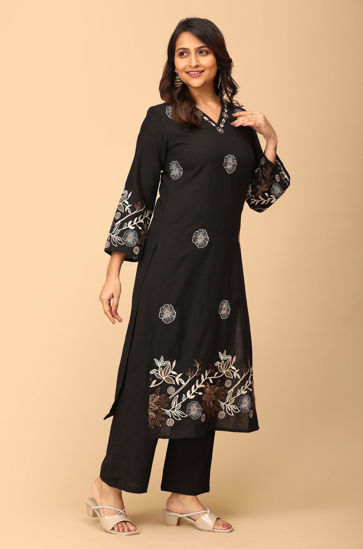 Black Cotton Flex Embroidery Straight Kurti Set - 2Pcs