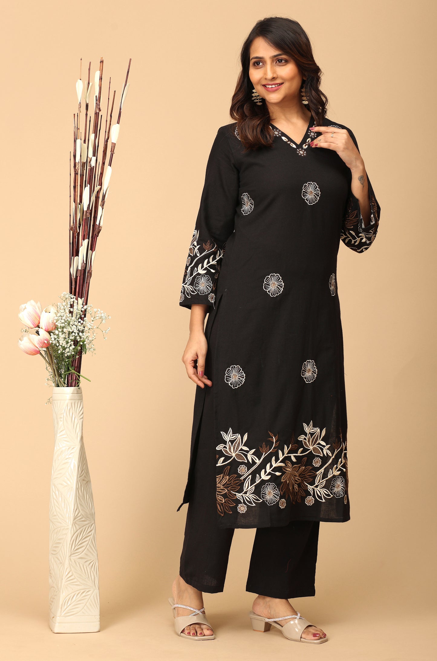 Black Cotton Flex Embroidery Straight Kurti Set - 2Pcs