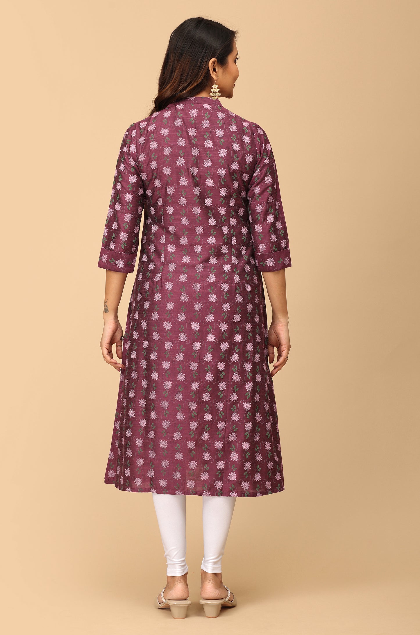 Dark Mauve Slub Silk Printed A-Line Kurti