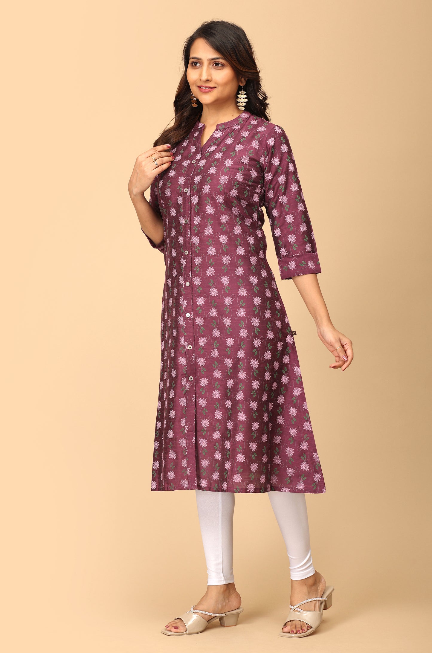 Dark Mauve Slub Silk Printed A-Line Kurti