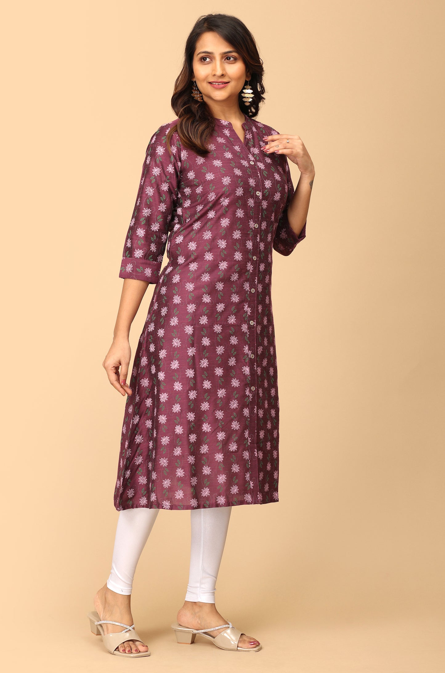 Dark Mauve Slub Silk Printed A-Line Kurti