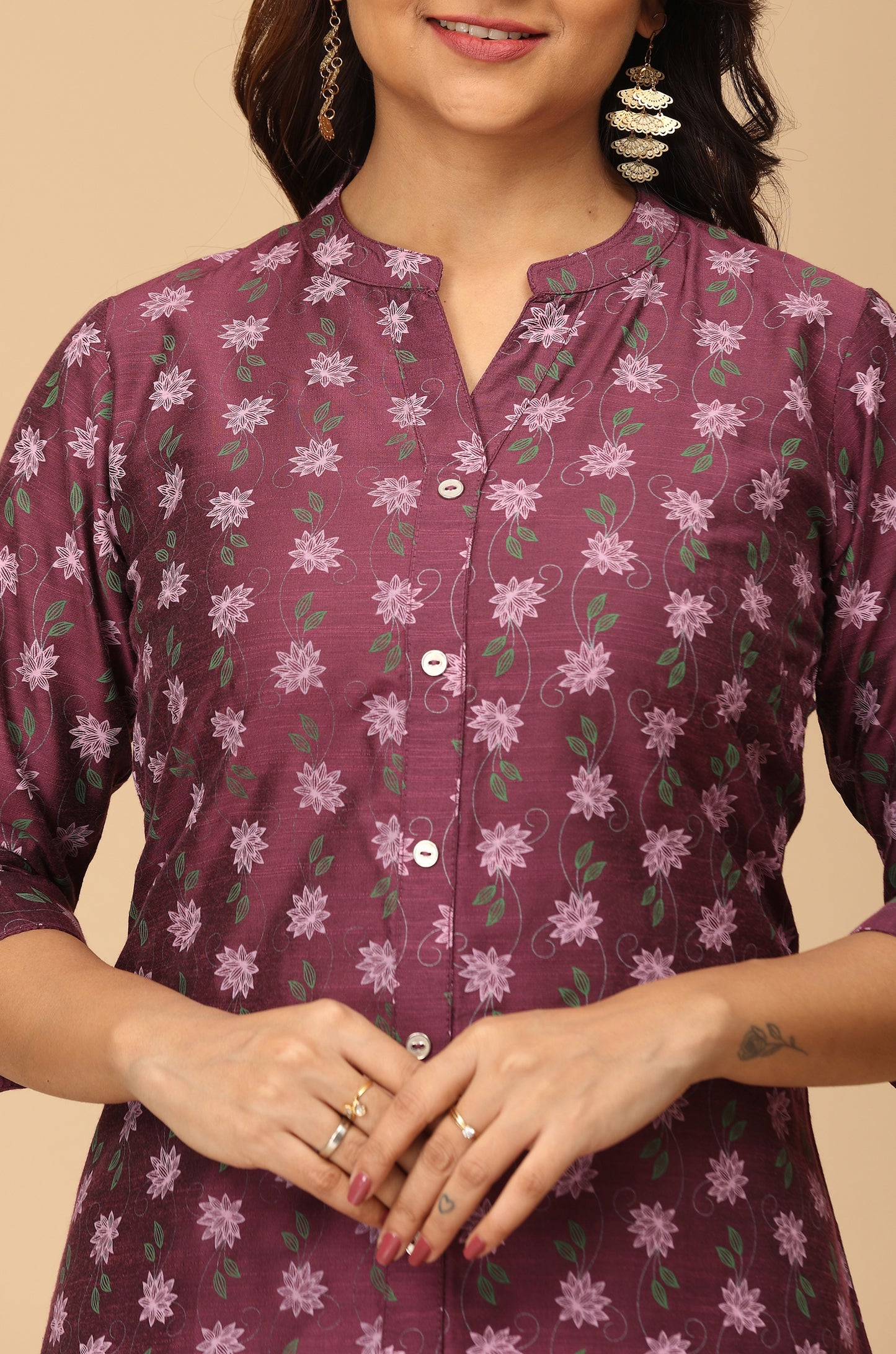 Dark Mauve Slub Silk Printed A-Line Kurti