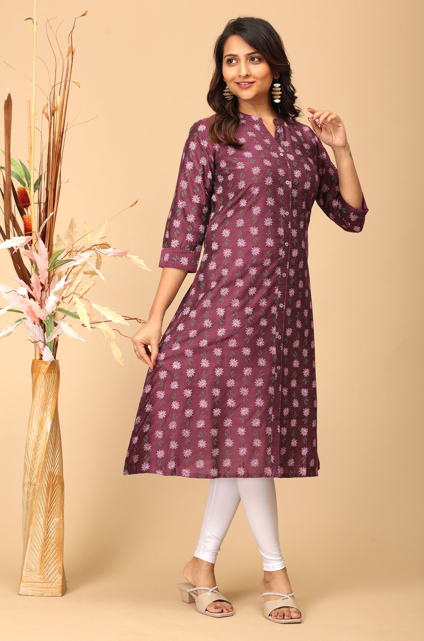 Dark Mauve Slub Silk Printed A-Line Kurti