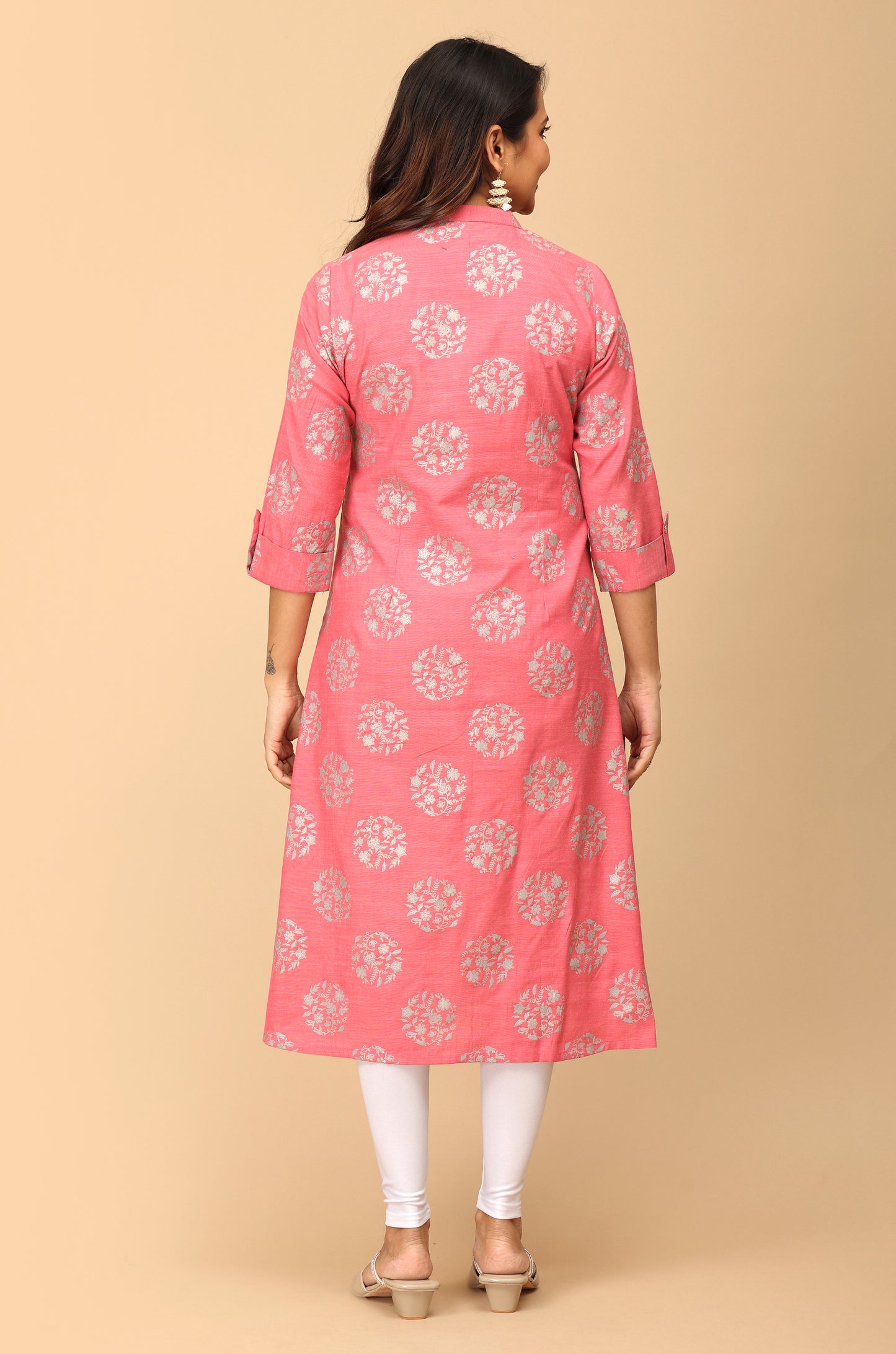 Peach Rayon Slub Printed A-Line Kurti