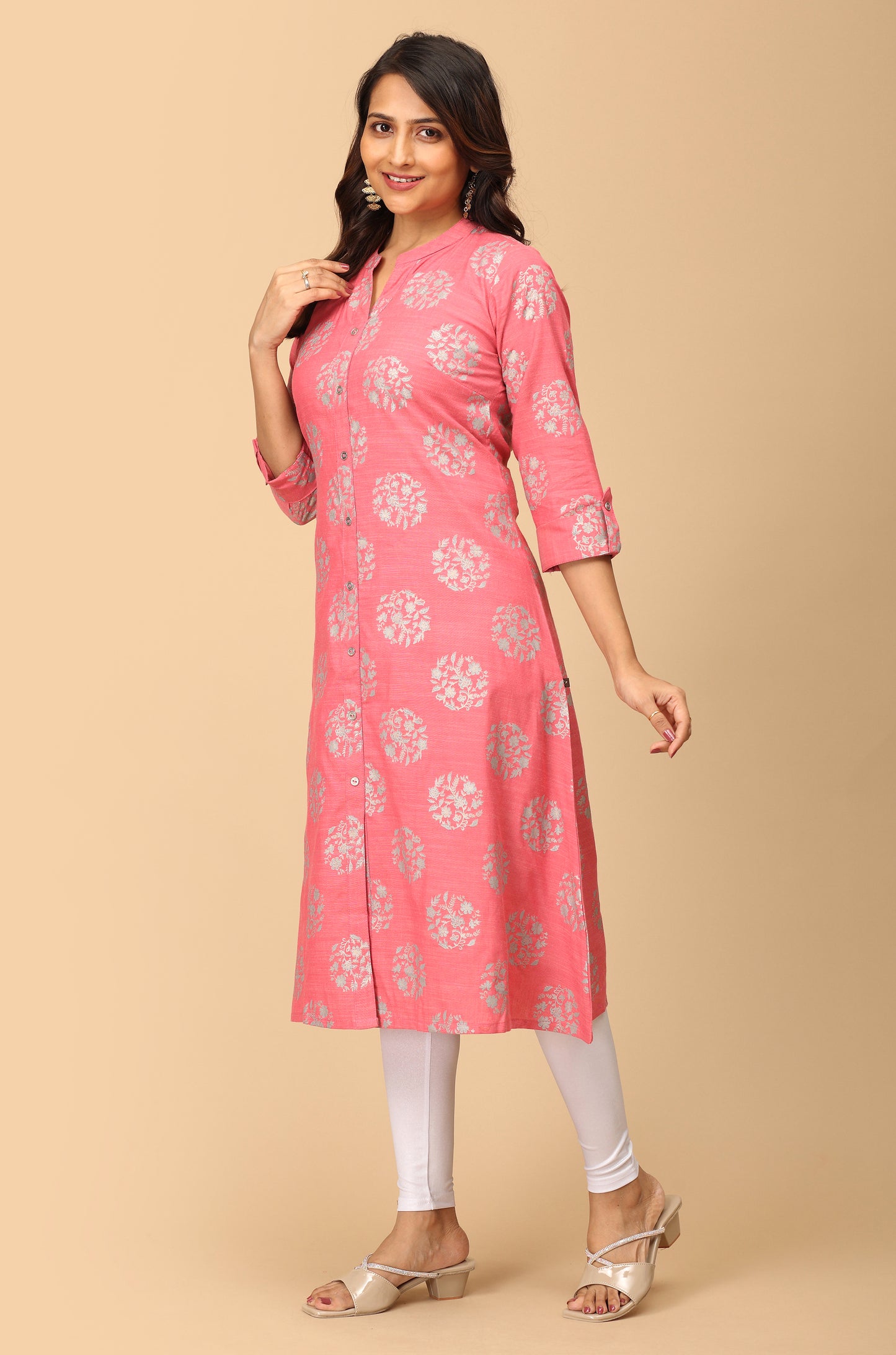 Peach Rayon Slub Printed A-Line Kurti