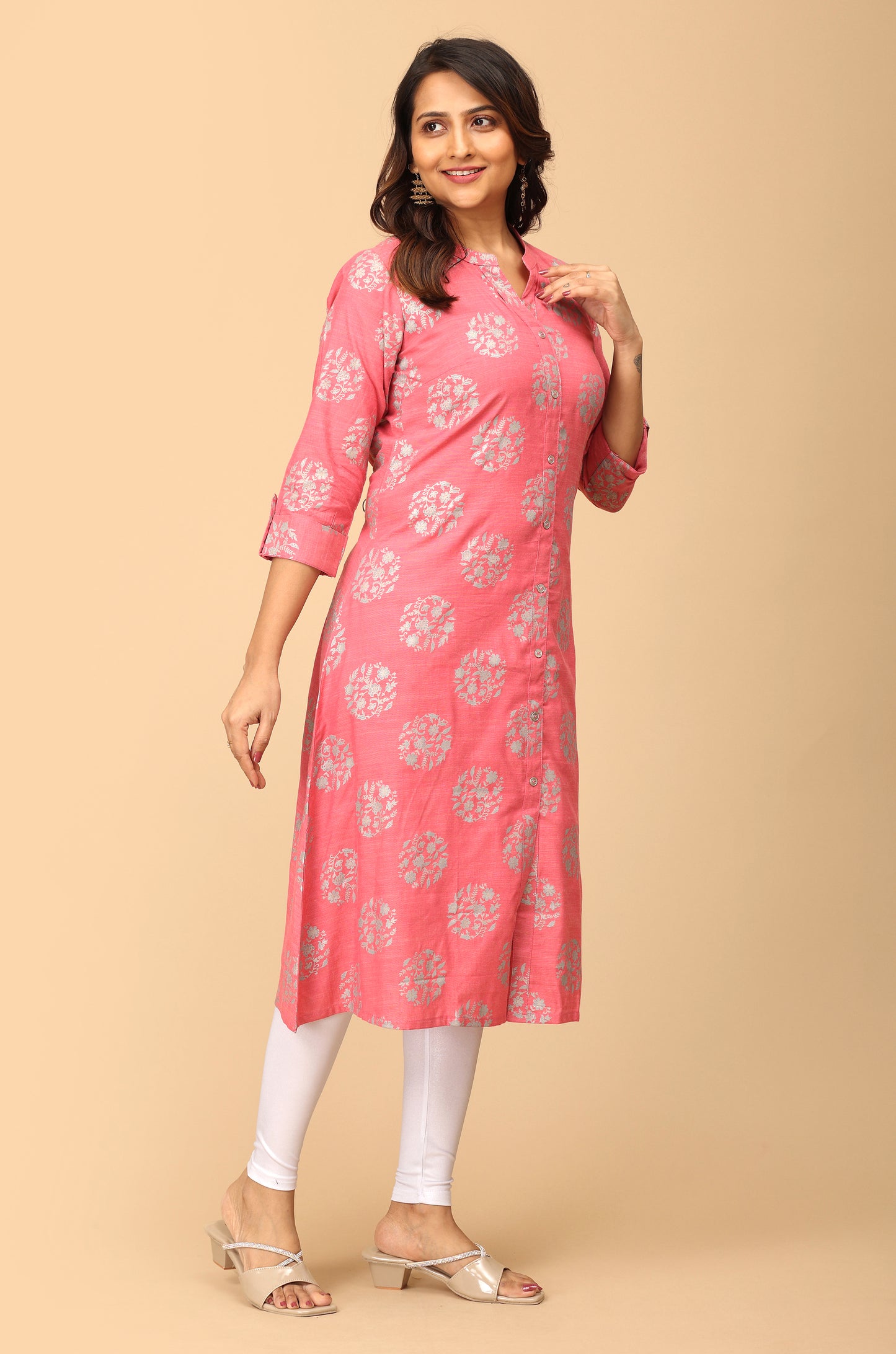 Peach Rayon Slub Printed A-Line Kurti