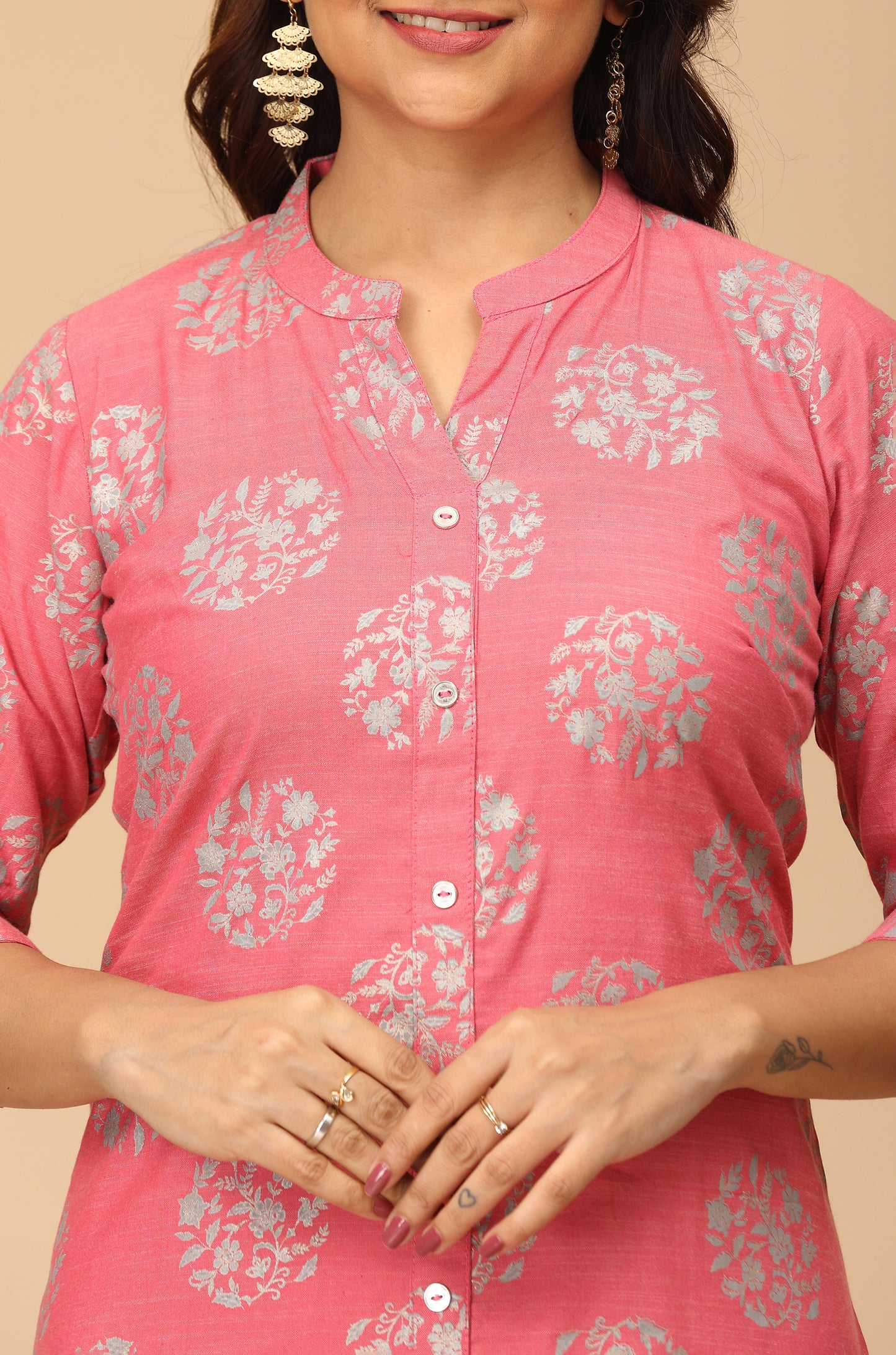 Peach Rayon Slub Printed A-Line Kurti