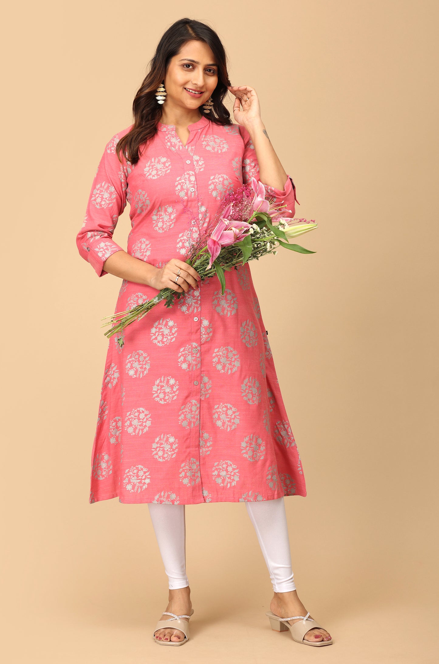 Peach Rayon Slub Printed A-Line Kurti