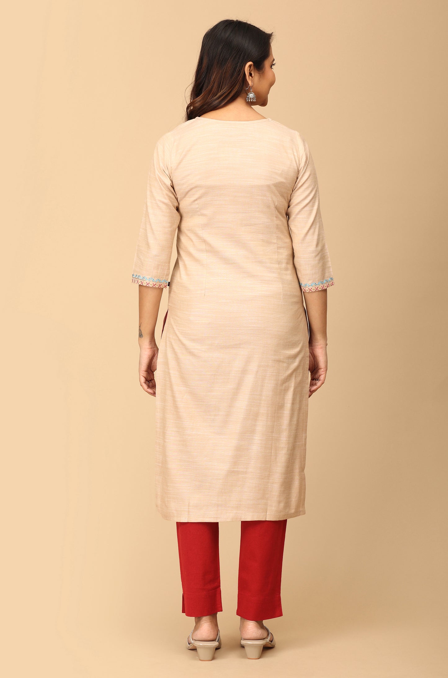 Beige Rayon Slub Embroidery Straight Kurti