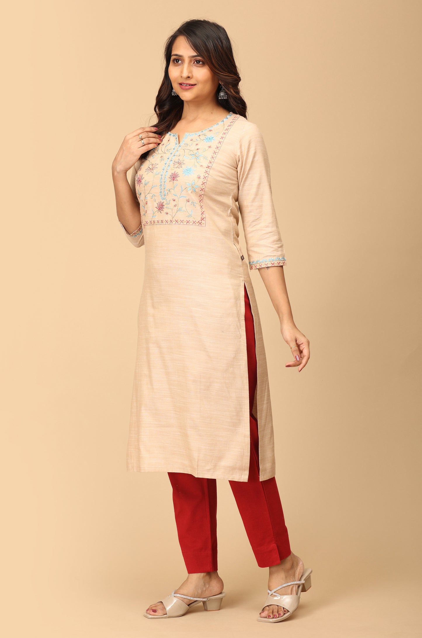 Beige Rayon Slub Embroidery Straight Kurti