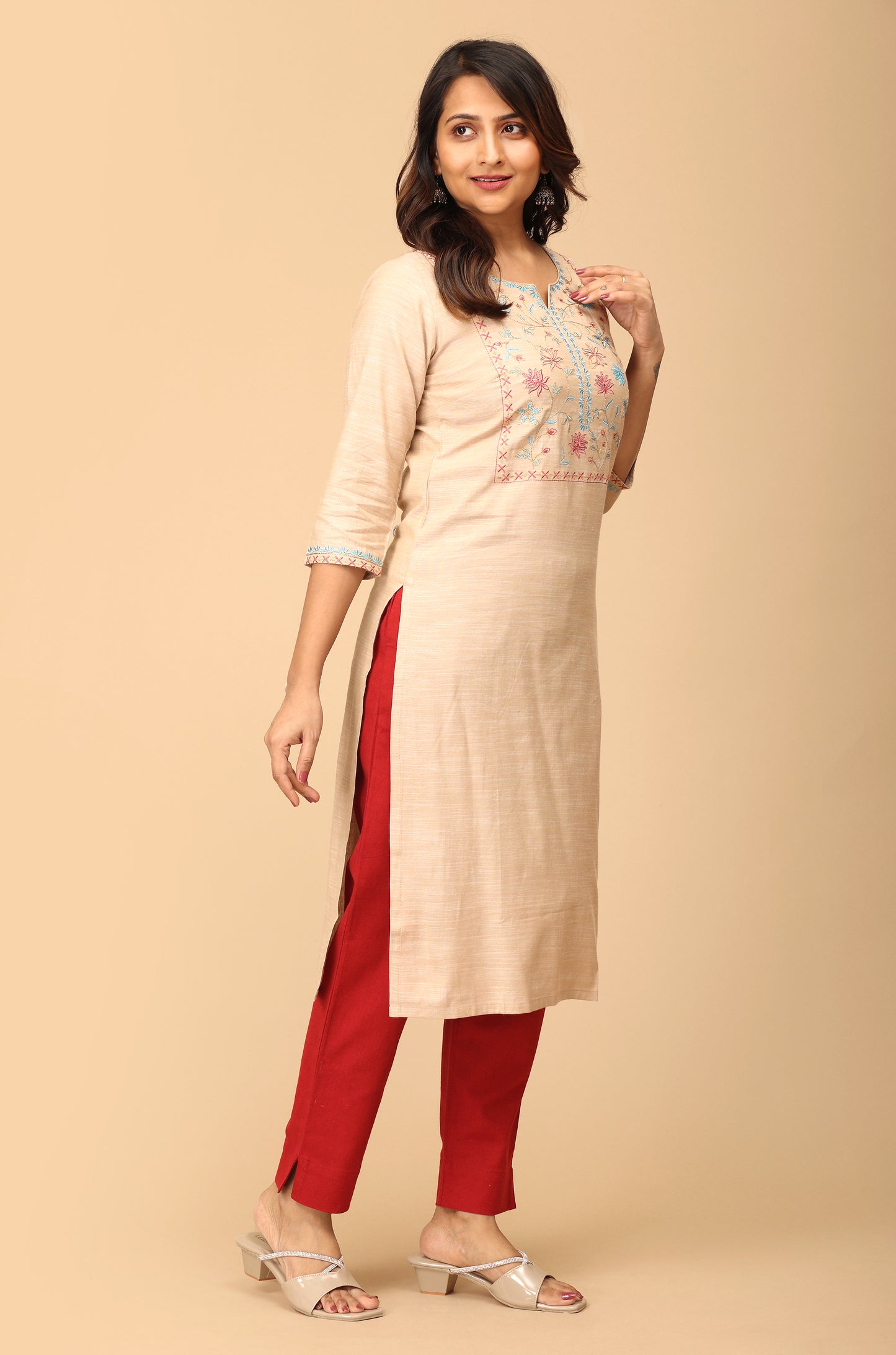 Beige Rayon Slub Embroidery Straight Kurti