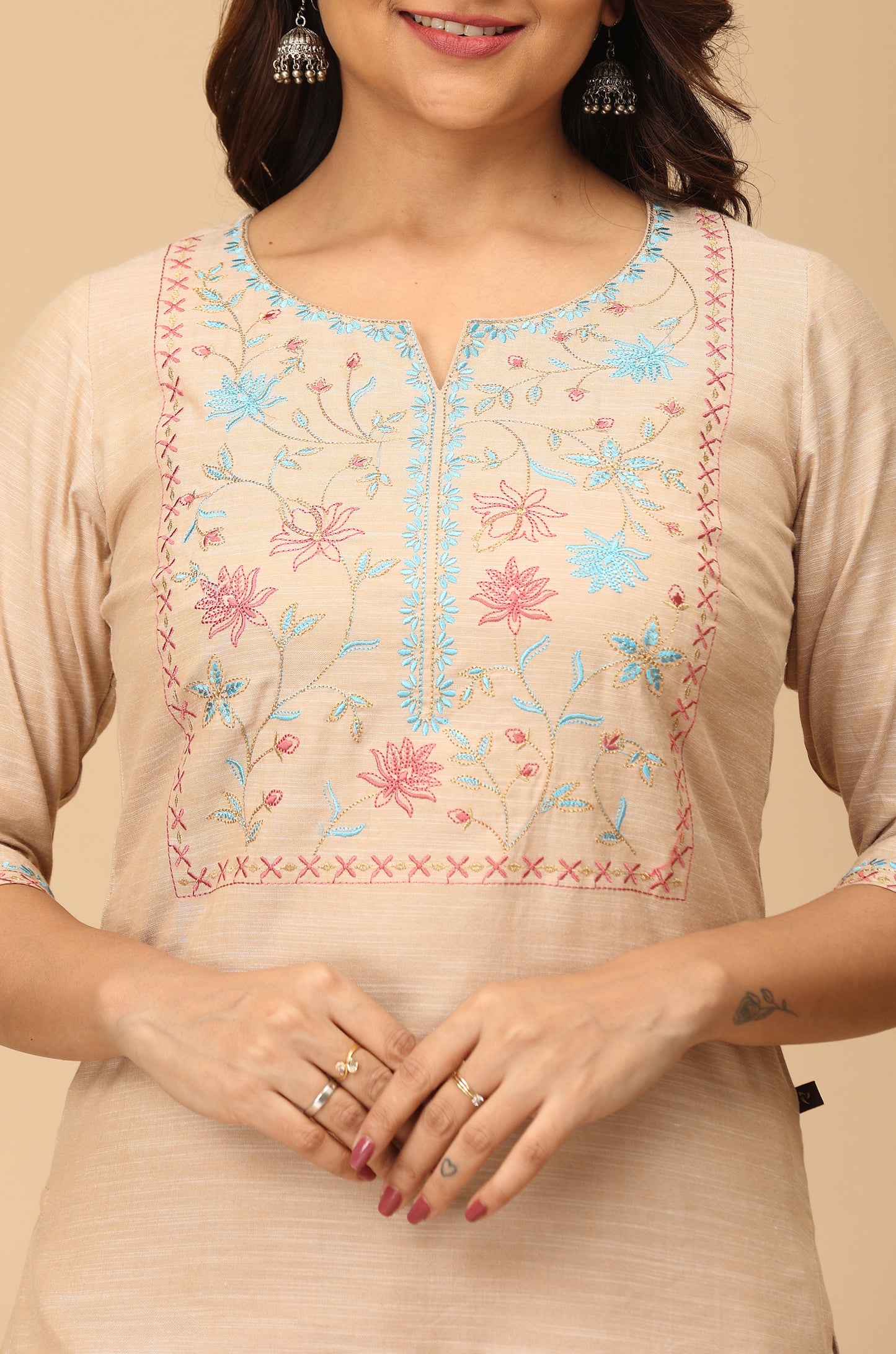 Beige Rayon Slub Embroidery Straight Kurti