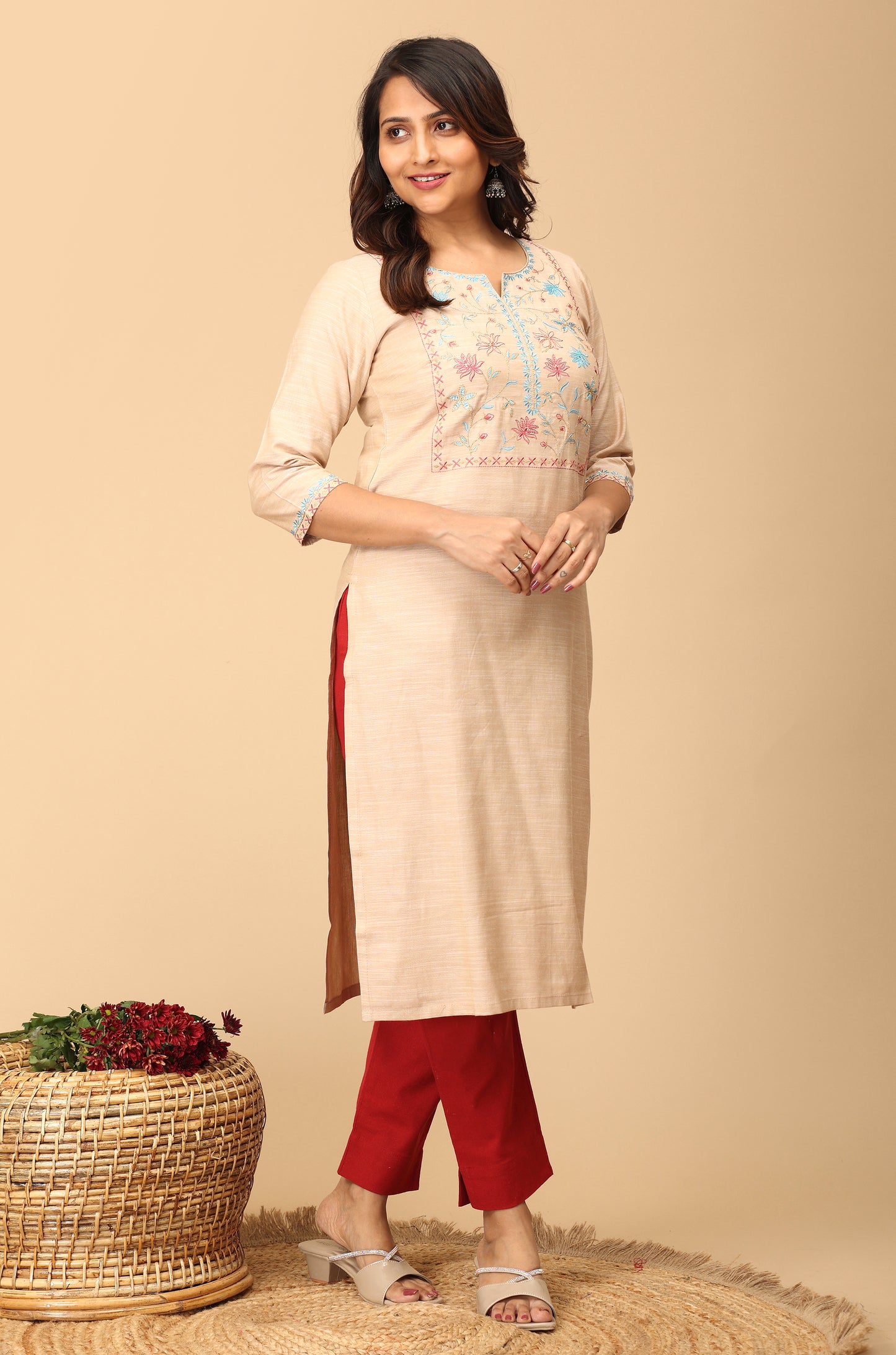 Beige Rayon Slub Embroidery Straight Kurti