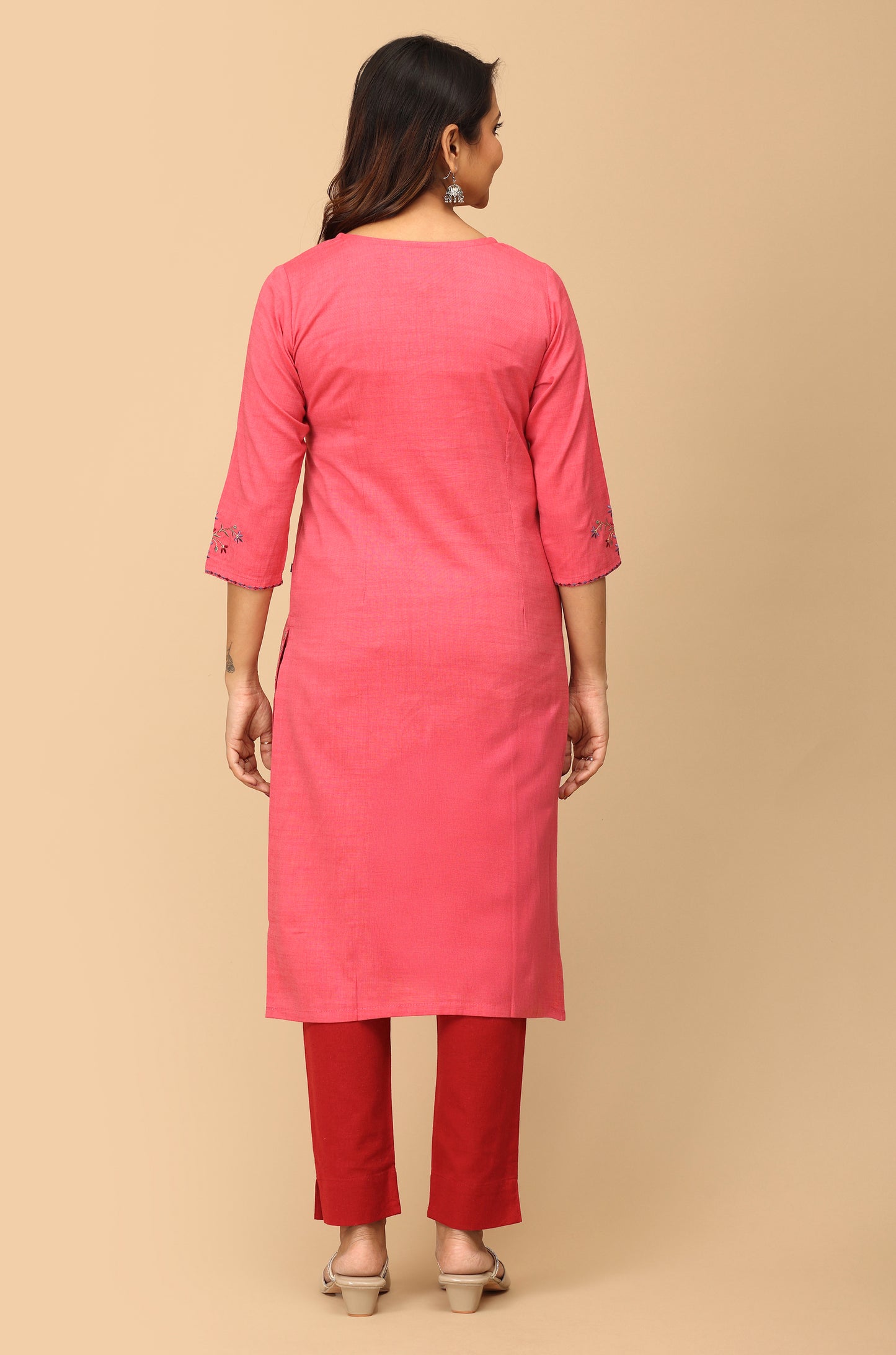 Pink Rayon Slub Embroidery Straight Kurti