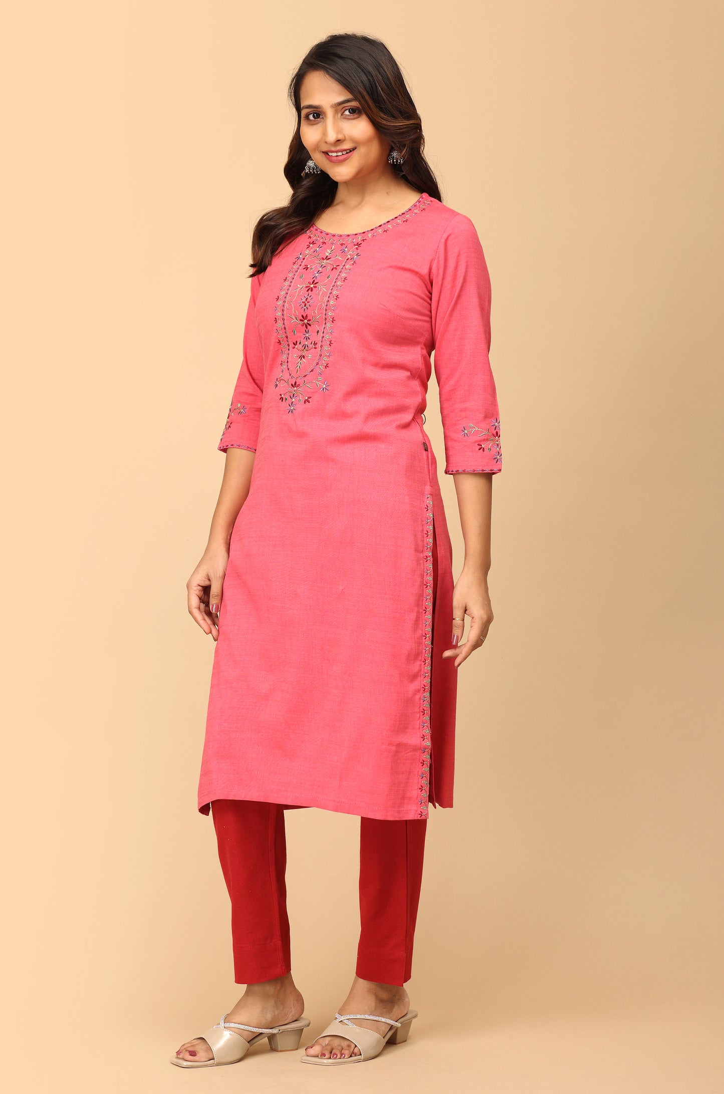 Pink Rayon Slub Embroidery Straight Kurti