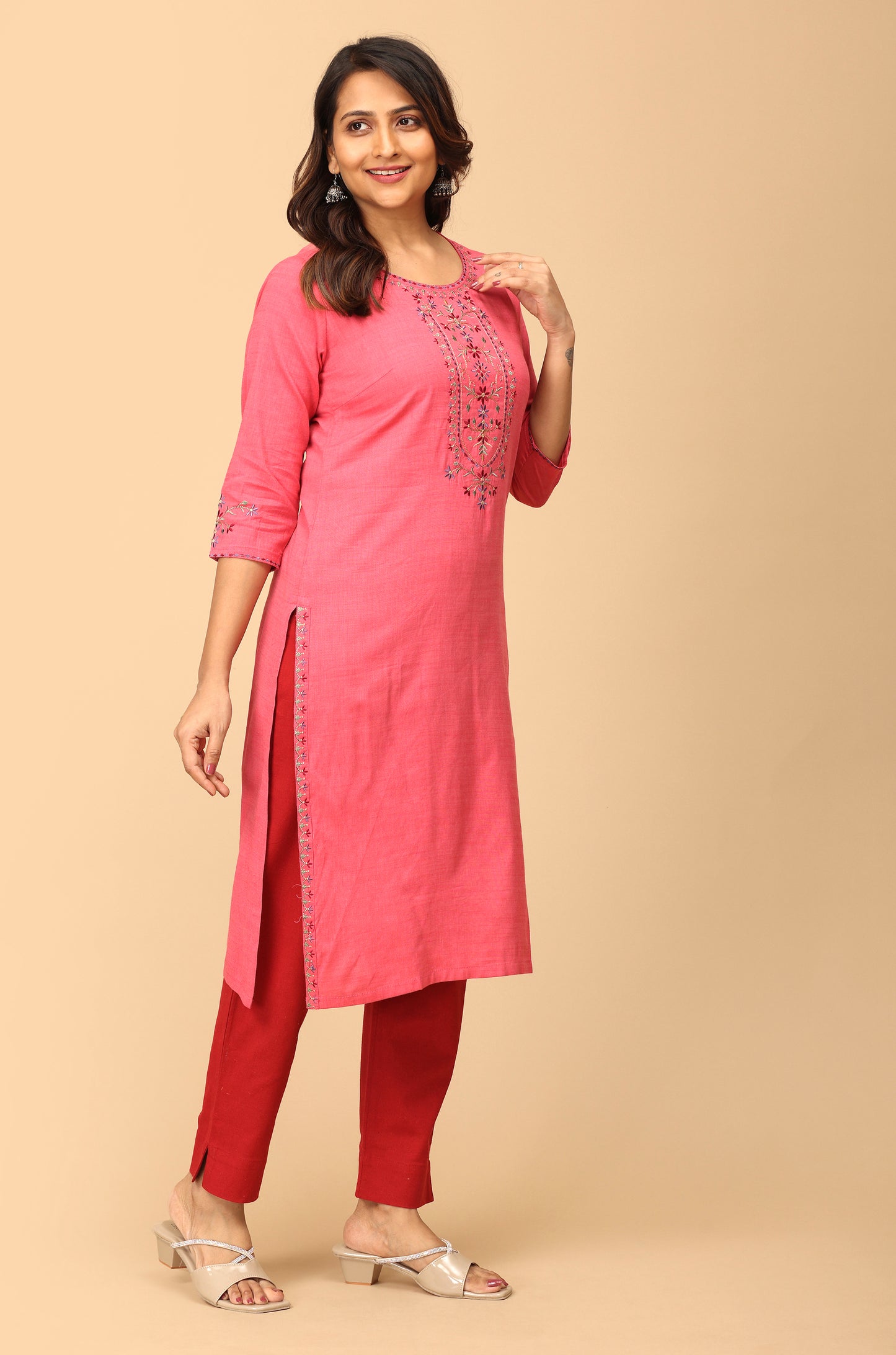 Pink Rayon Slub Embroidery Straight Kurti