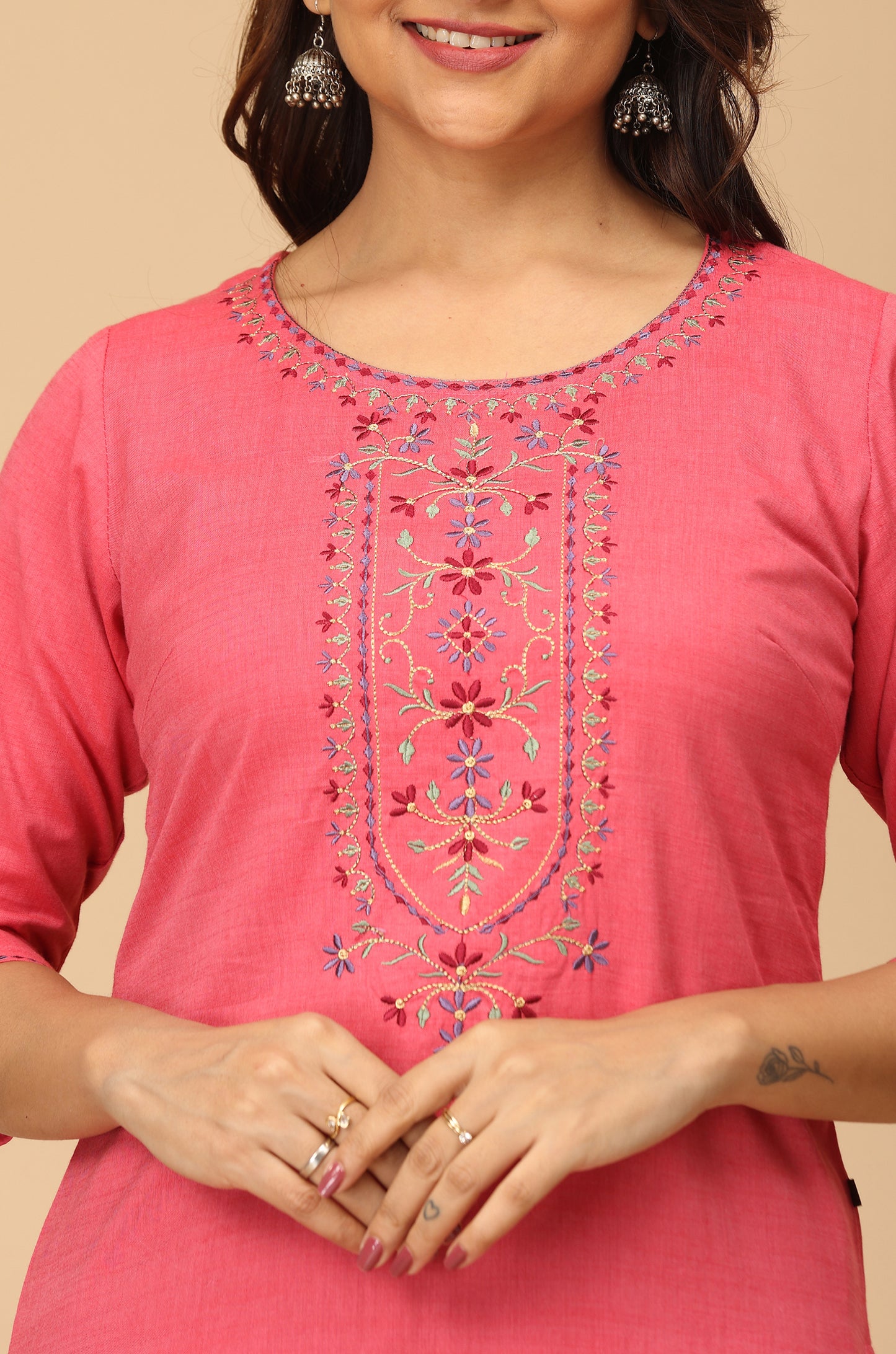 Pink Rayon Slub Embroidery Straight Kurti