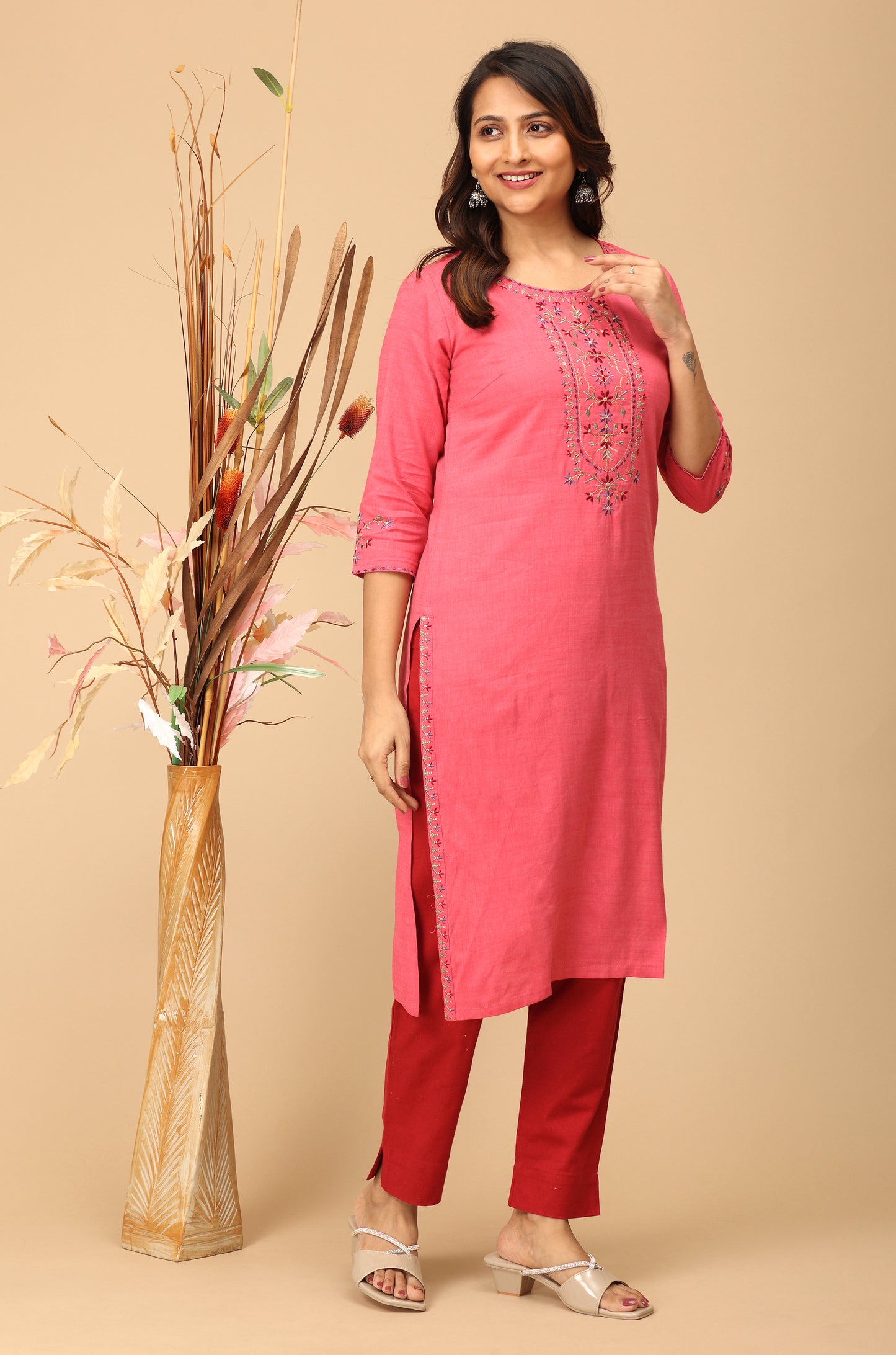Pink Rayon Slub Embroidery Straight Kurti