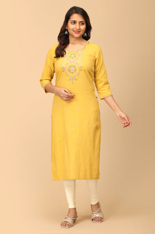 Mustard Khadi Embroidery Kurti