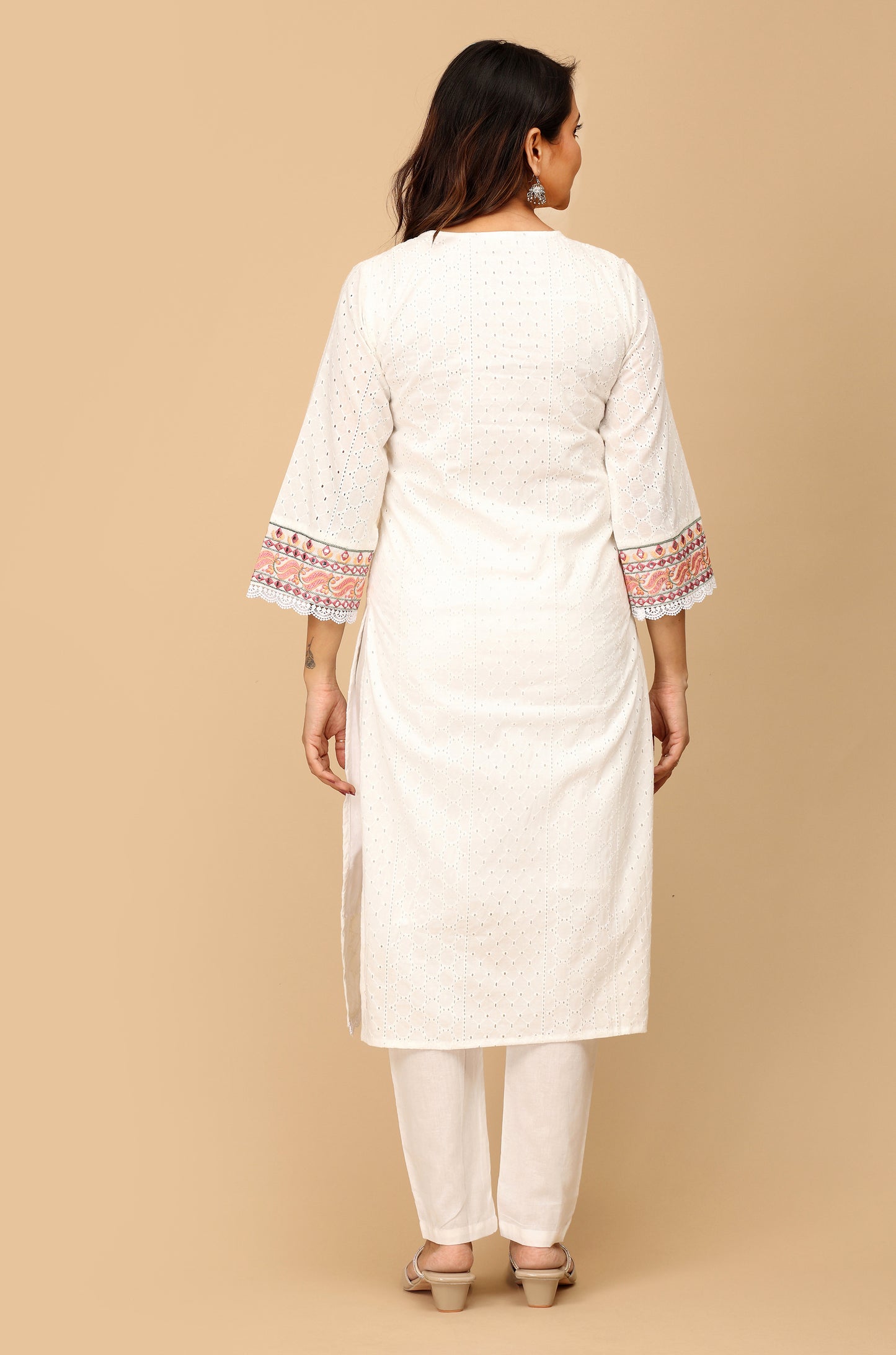 White Schiffli Embroidery Straight Kurti Set - 3Pcs