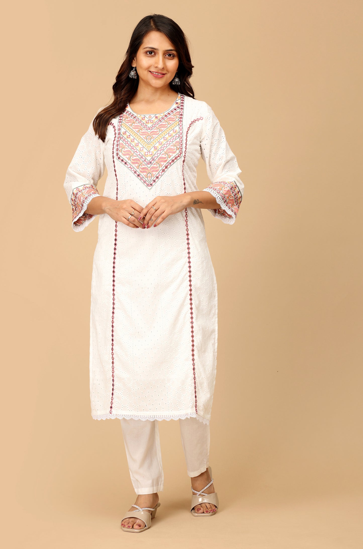 White Schiffli Embroidery Straight Kurti Set - 3Pcs
