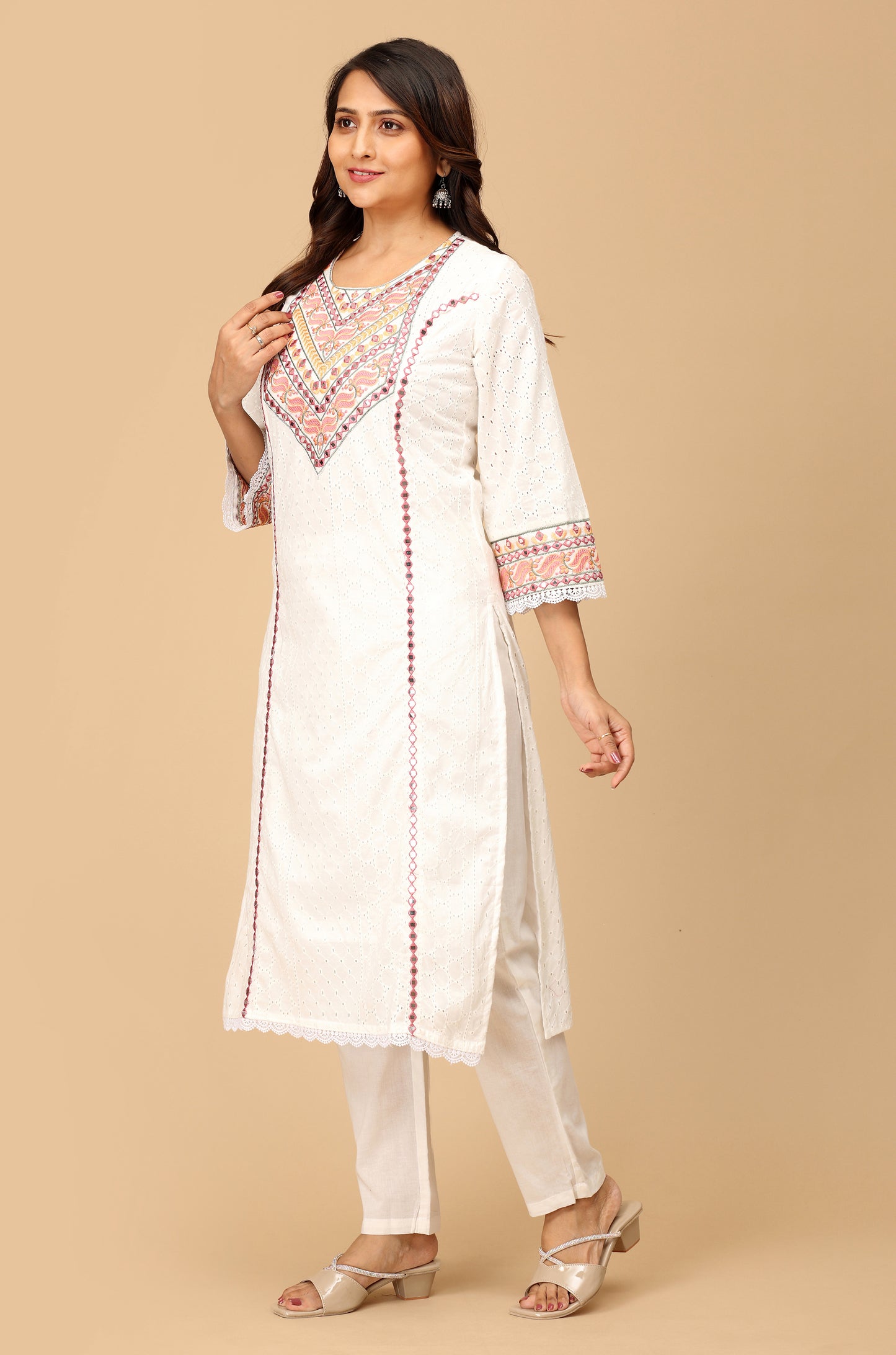 White Schiffli Embroidery Straight Kurti Set - 3Pcs
