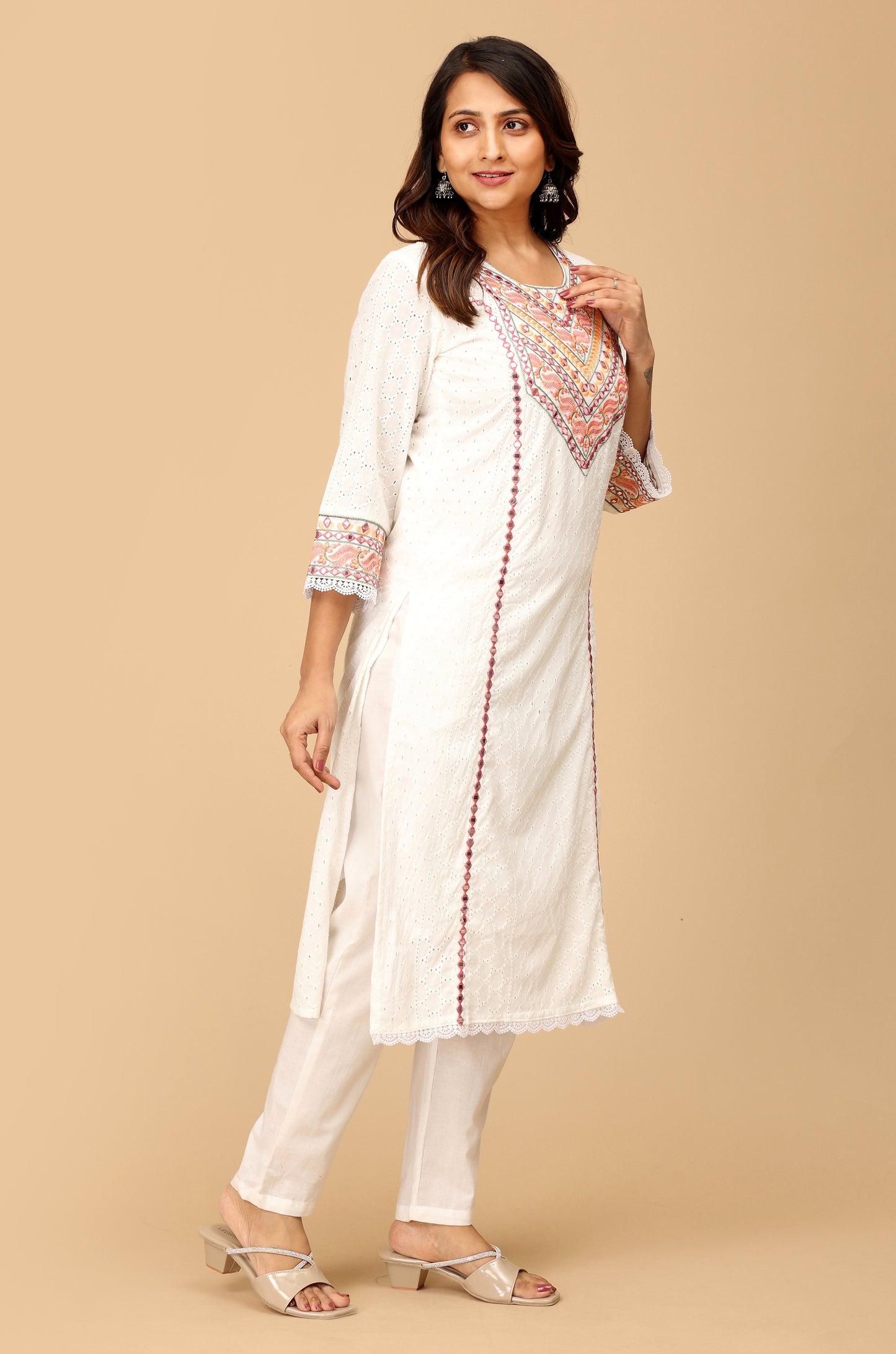 White Schiffli Embroidery Straight Kurti Set - 3Pcs