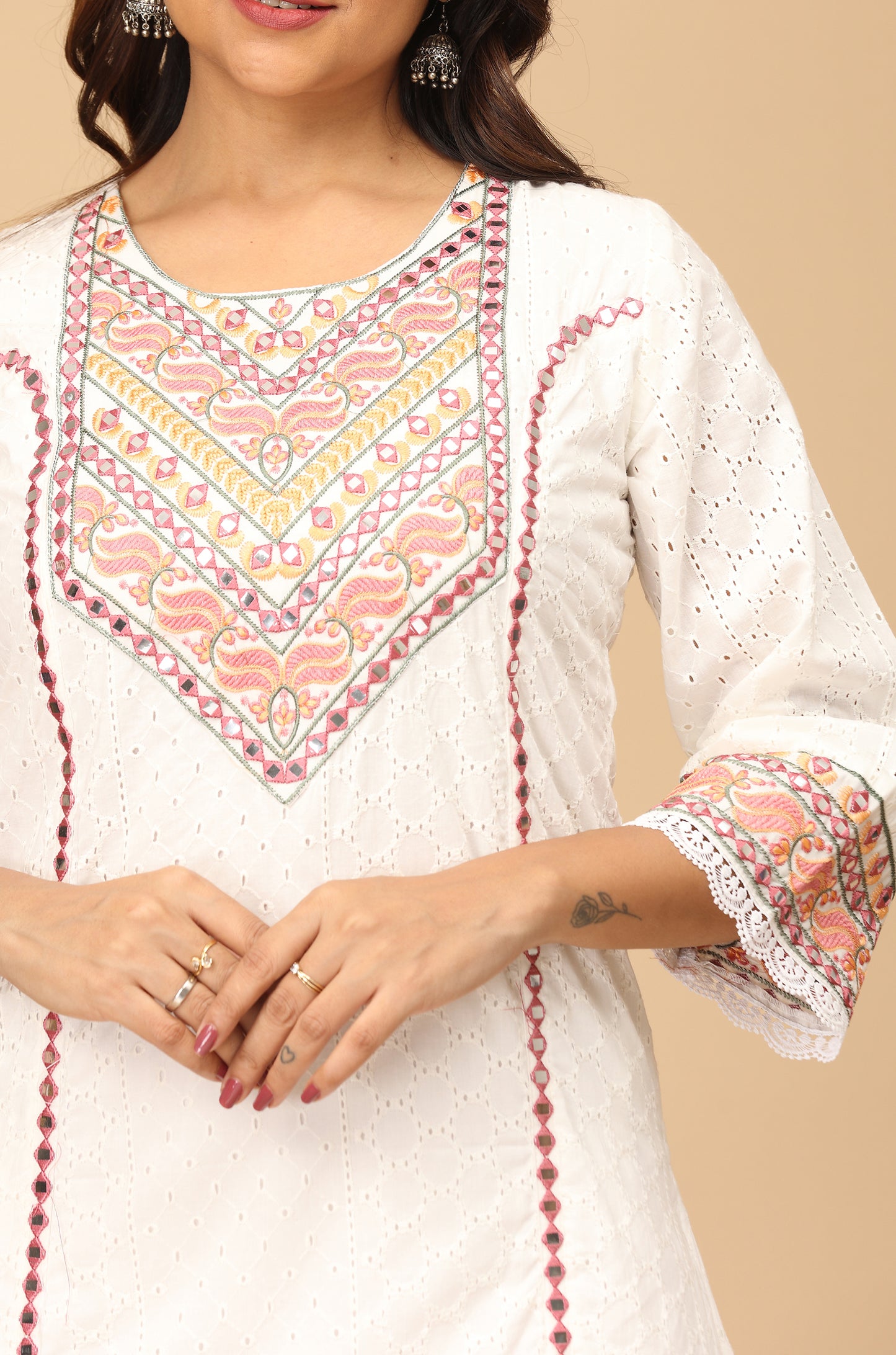 White Schiffli Embroidery Straight Kurti Set - 3Pcs