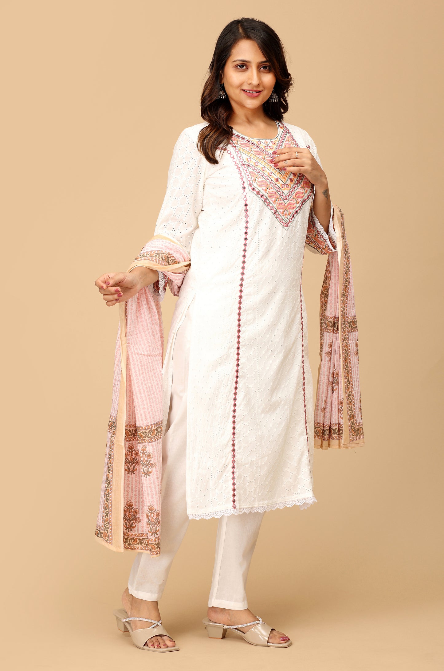 White Schiffli Embroidery Straight Kurti Set - 3Pcs