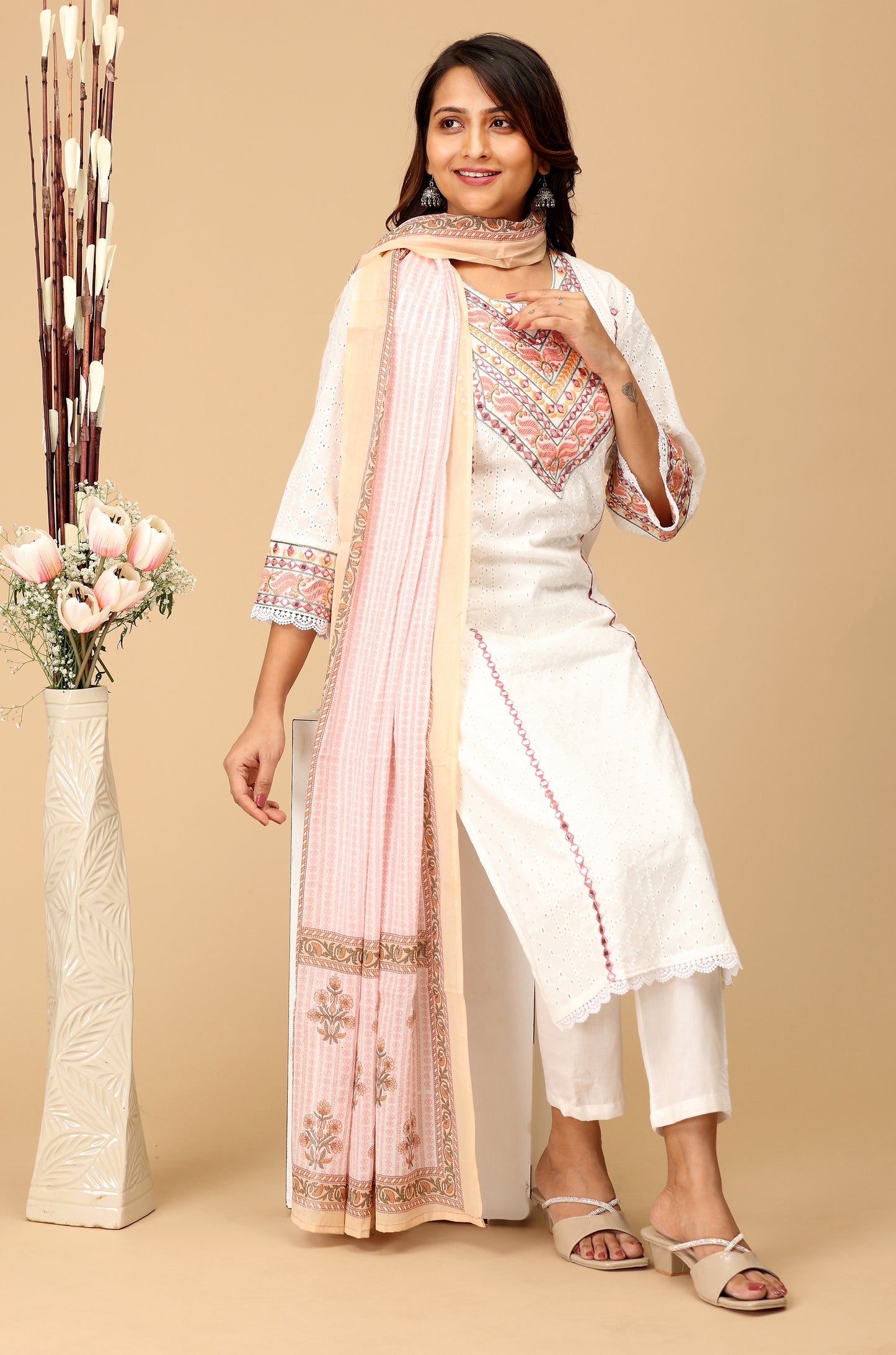 White Schiffli Embroidery Straight Kurti Set - 3Pcs