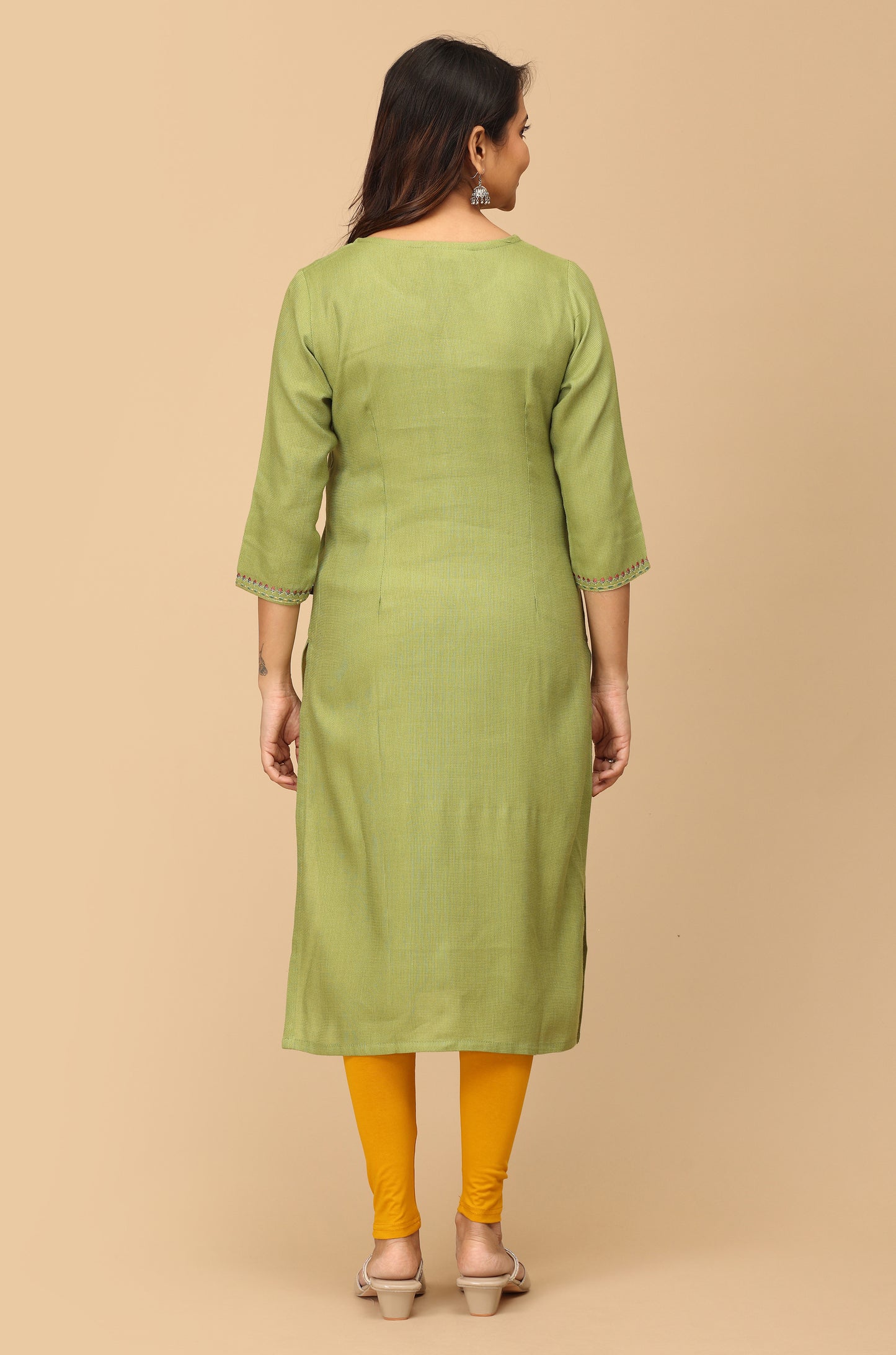 Green Matty Embroidery Straight Kurti