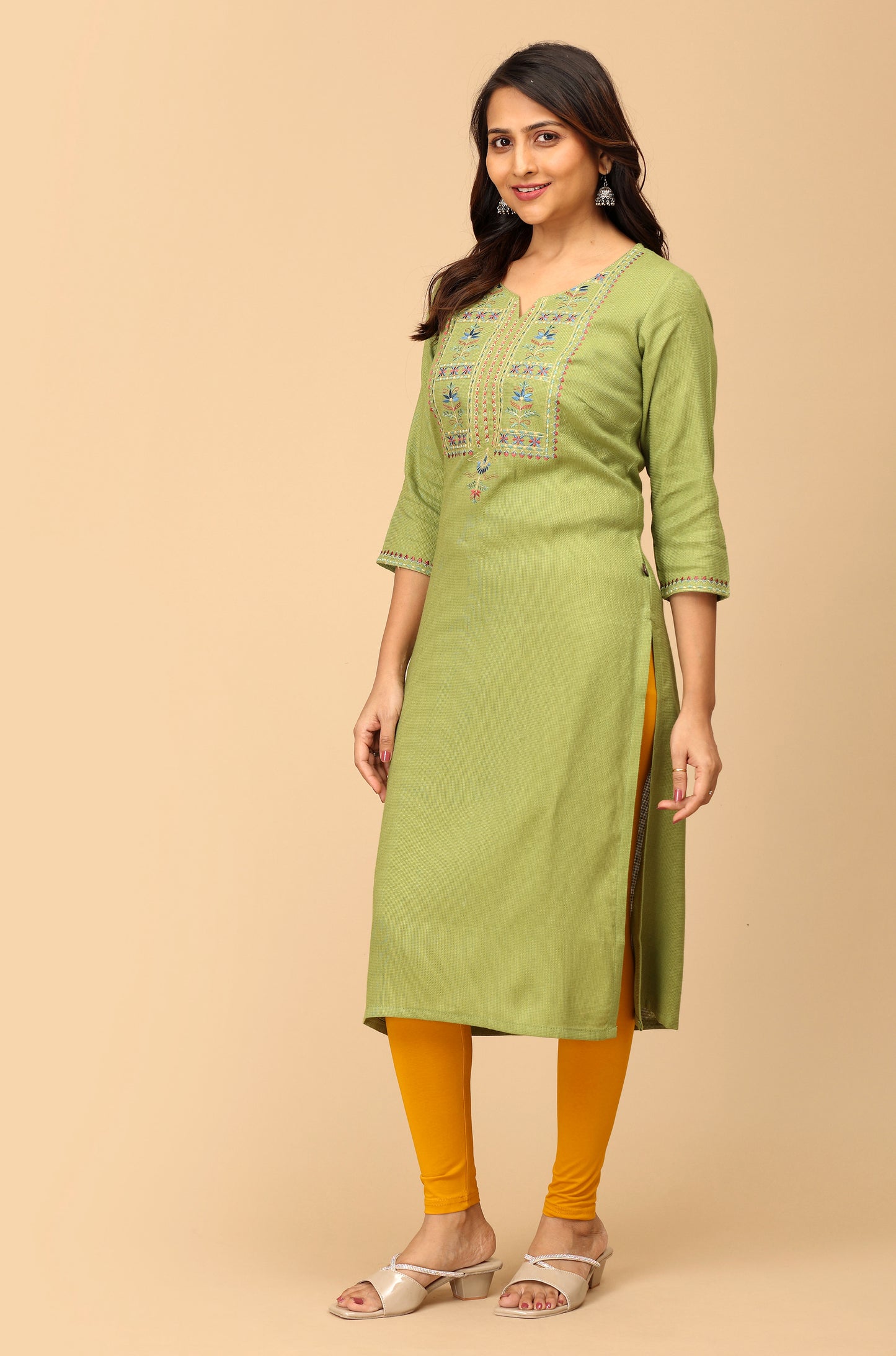 Green Matty Embroidery Straight Kurti