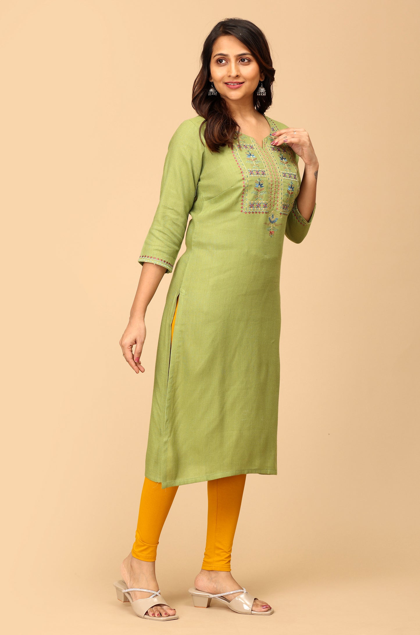 Green Matty Embroidery Straight Kurti
