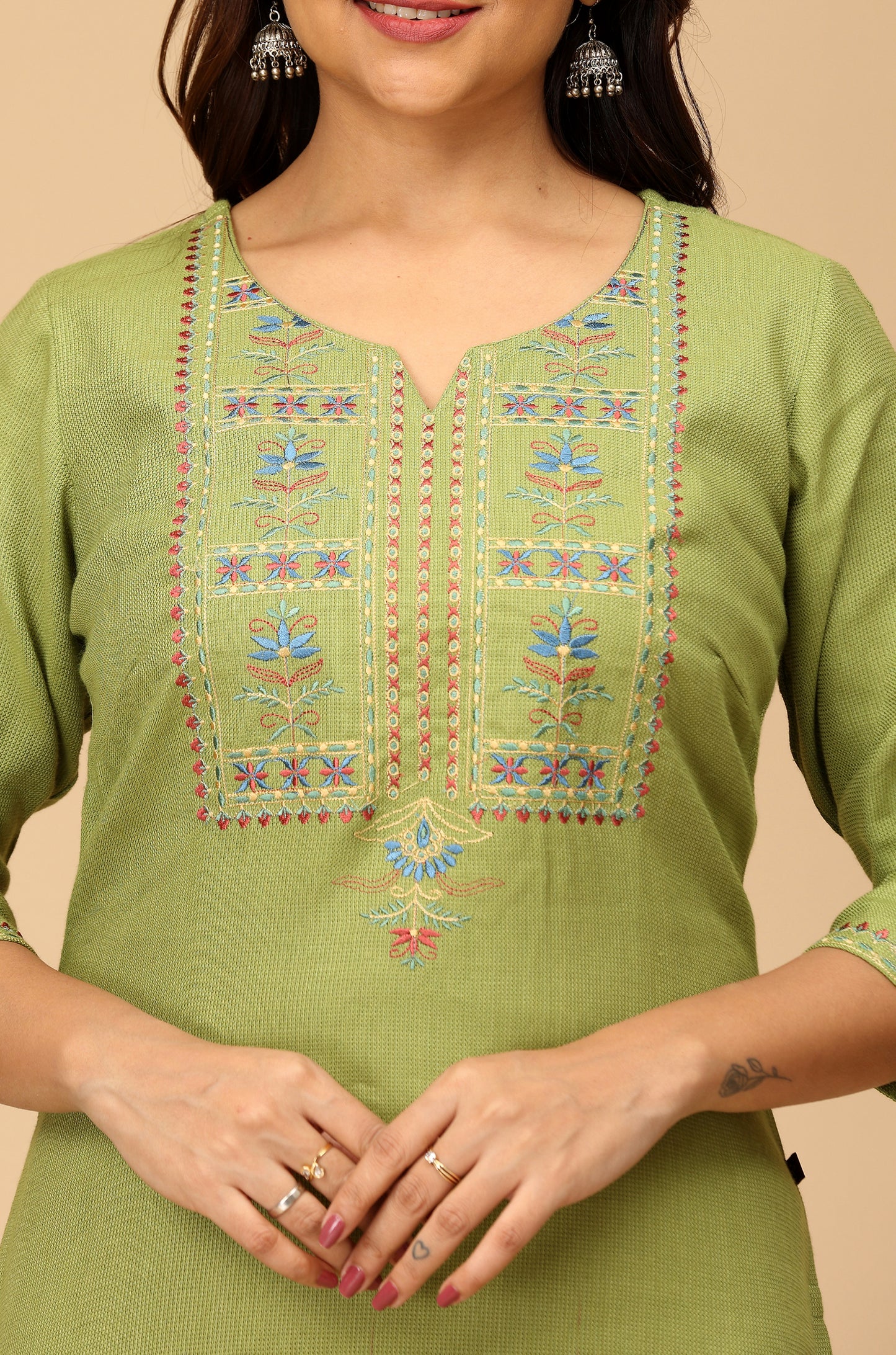 Green Matty Embroidery Straight Kurti