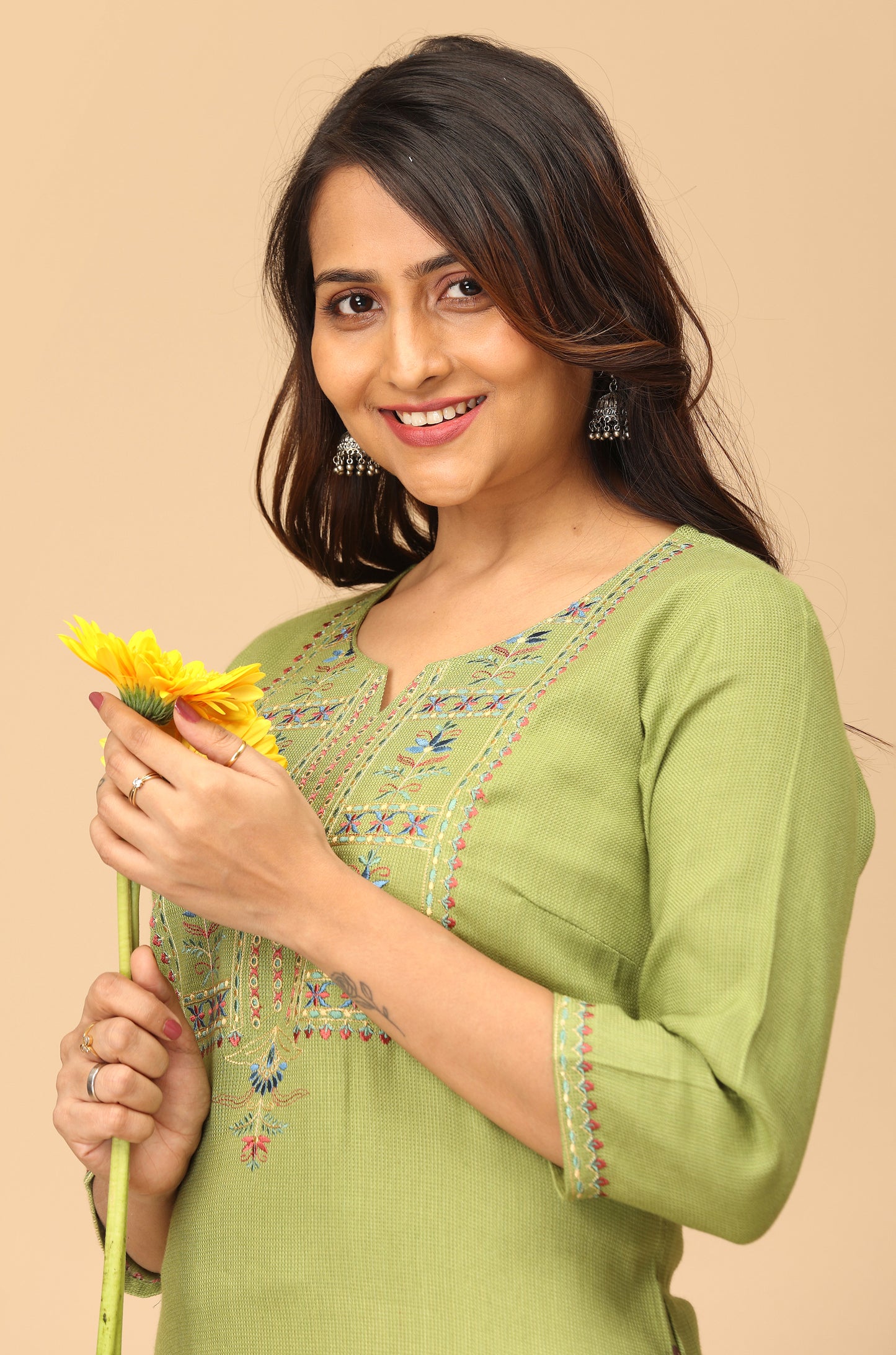 Green Matty Embroidery Straight Kurti