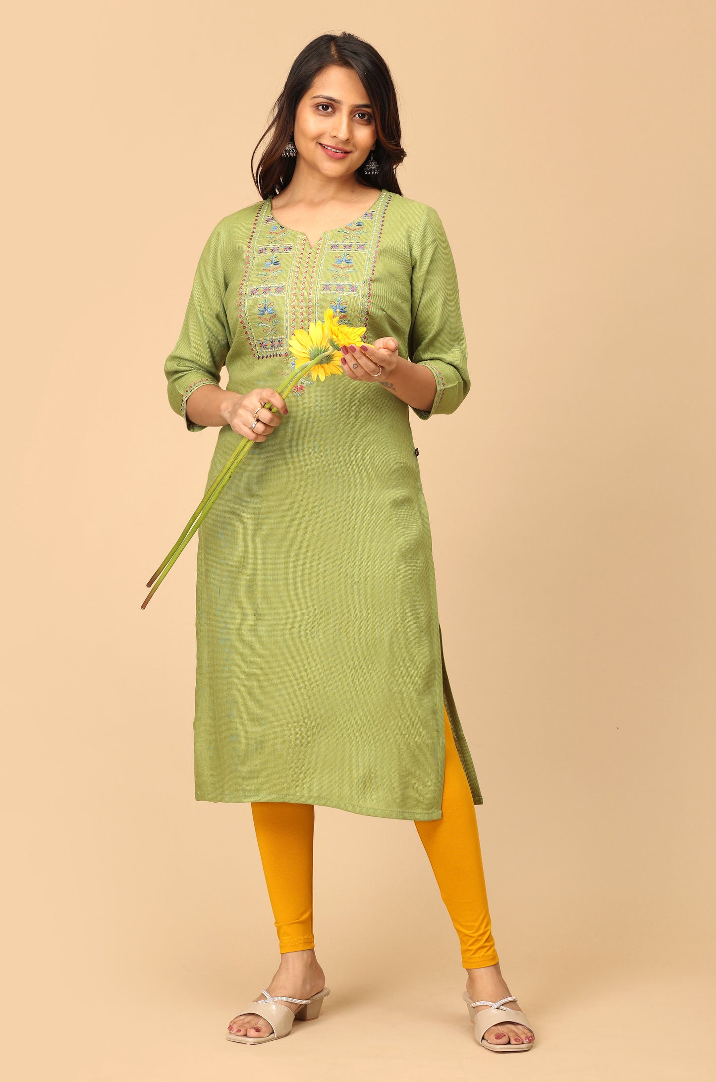 Green Matty Embroidery Straight Kurti