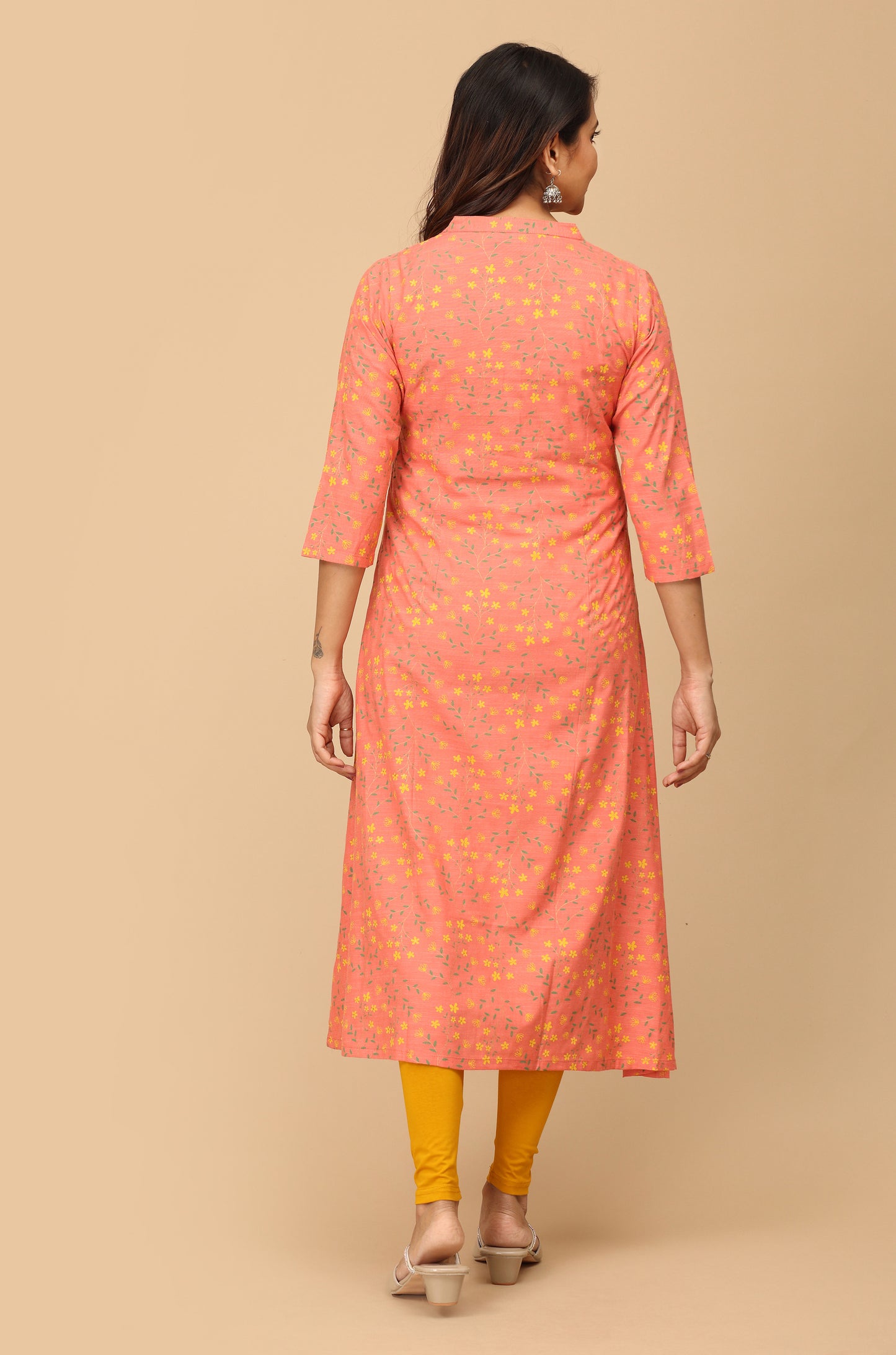 Peach Rayon Slub Printed A-Line Kurti
