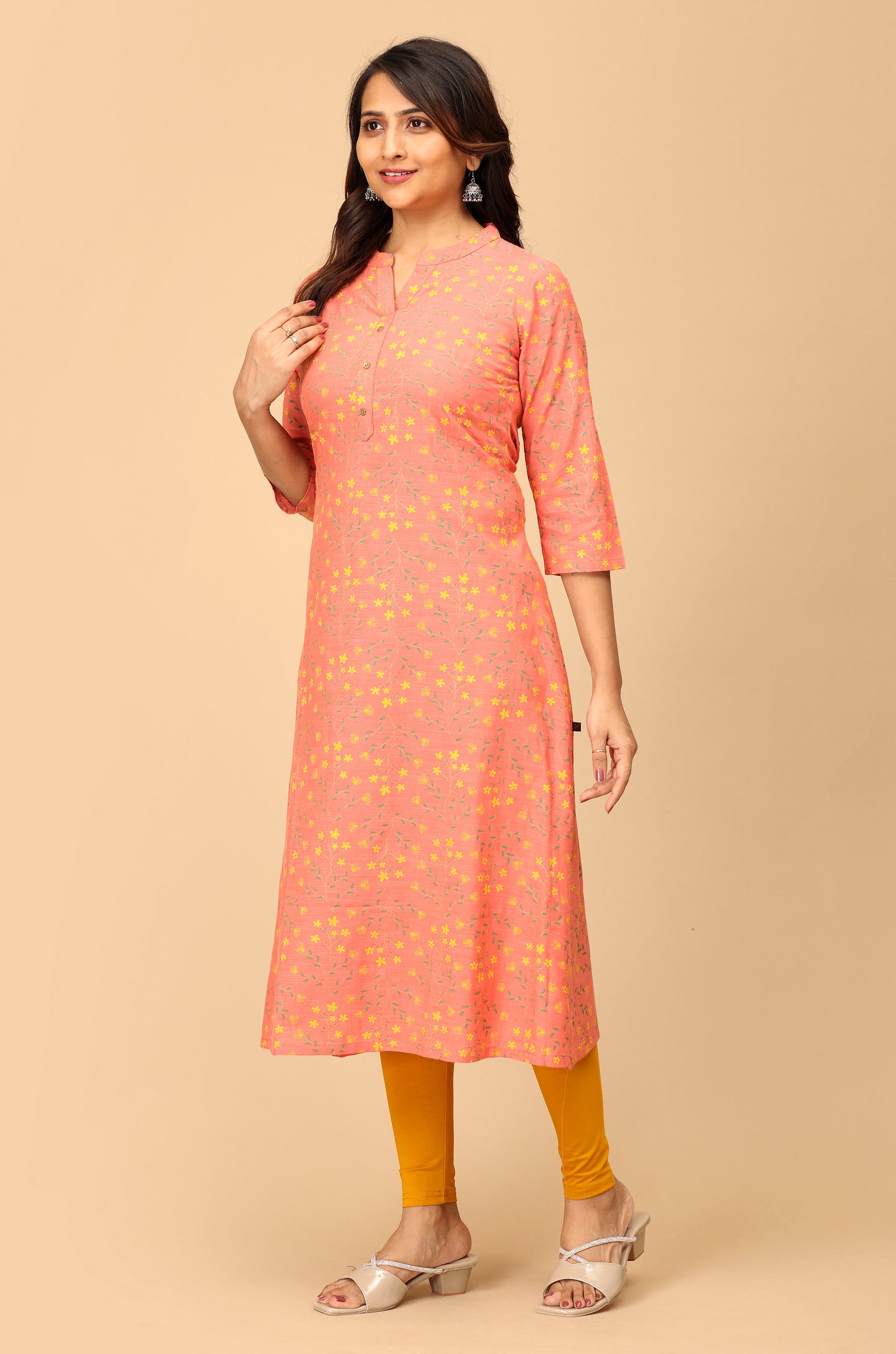 Peach Rayon Slub Printed A-Line Kurti