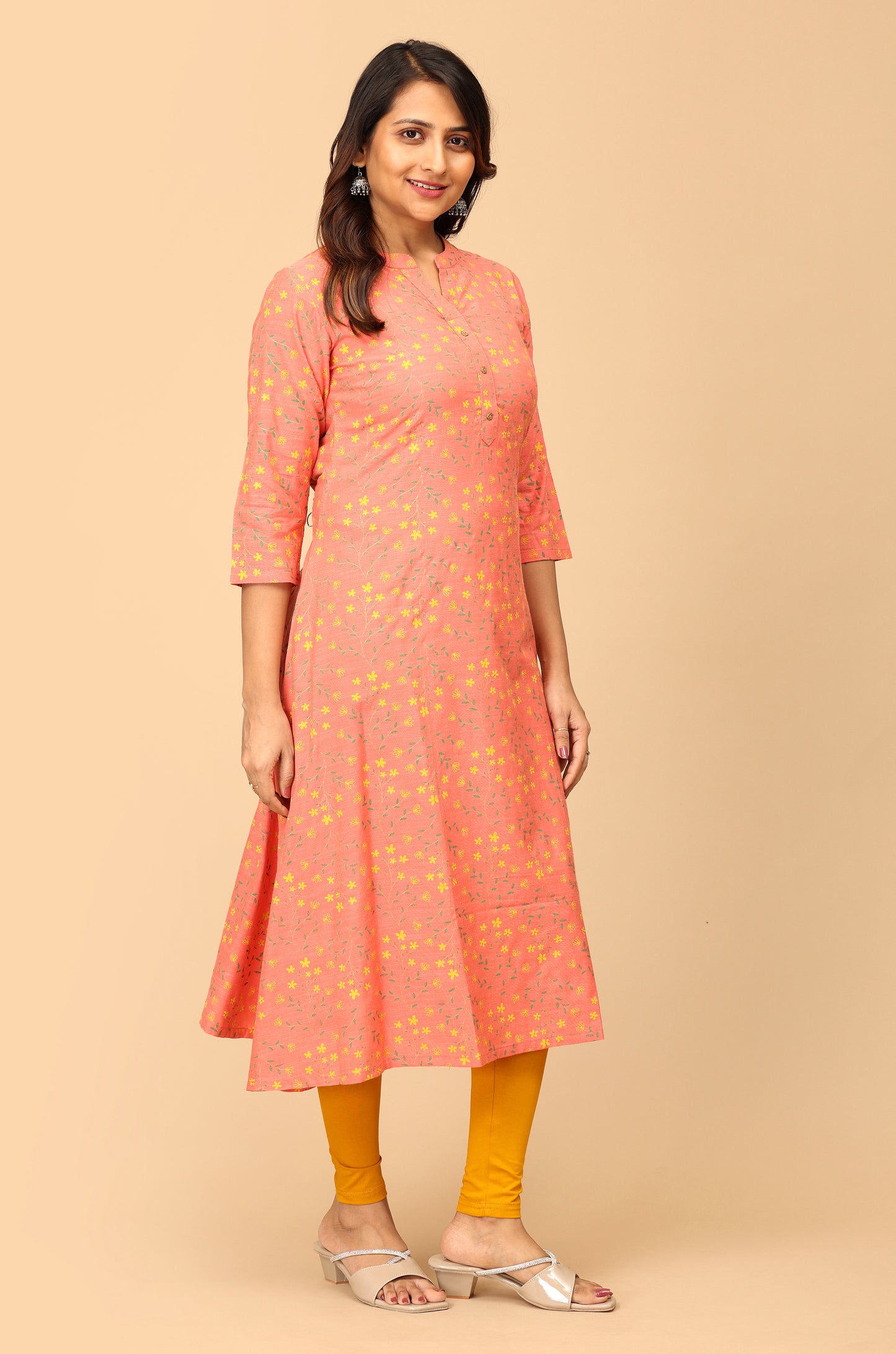 Peach Rayon Slub Printed A-Line Kurti