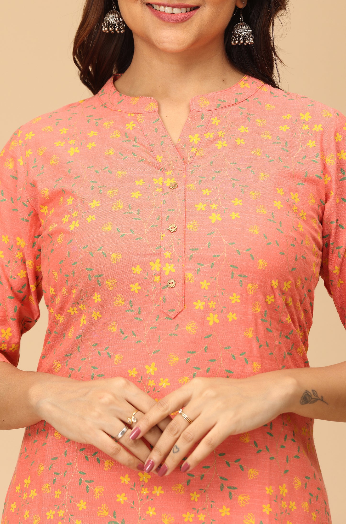 Peach Rayon Slub Printed A-Line Kurti