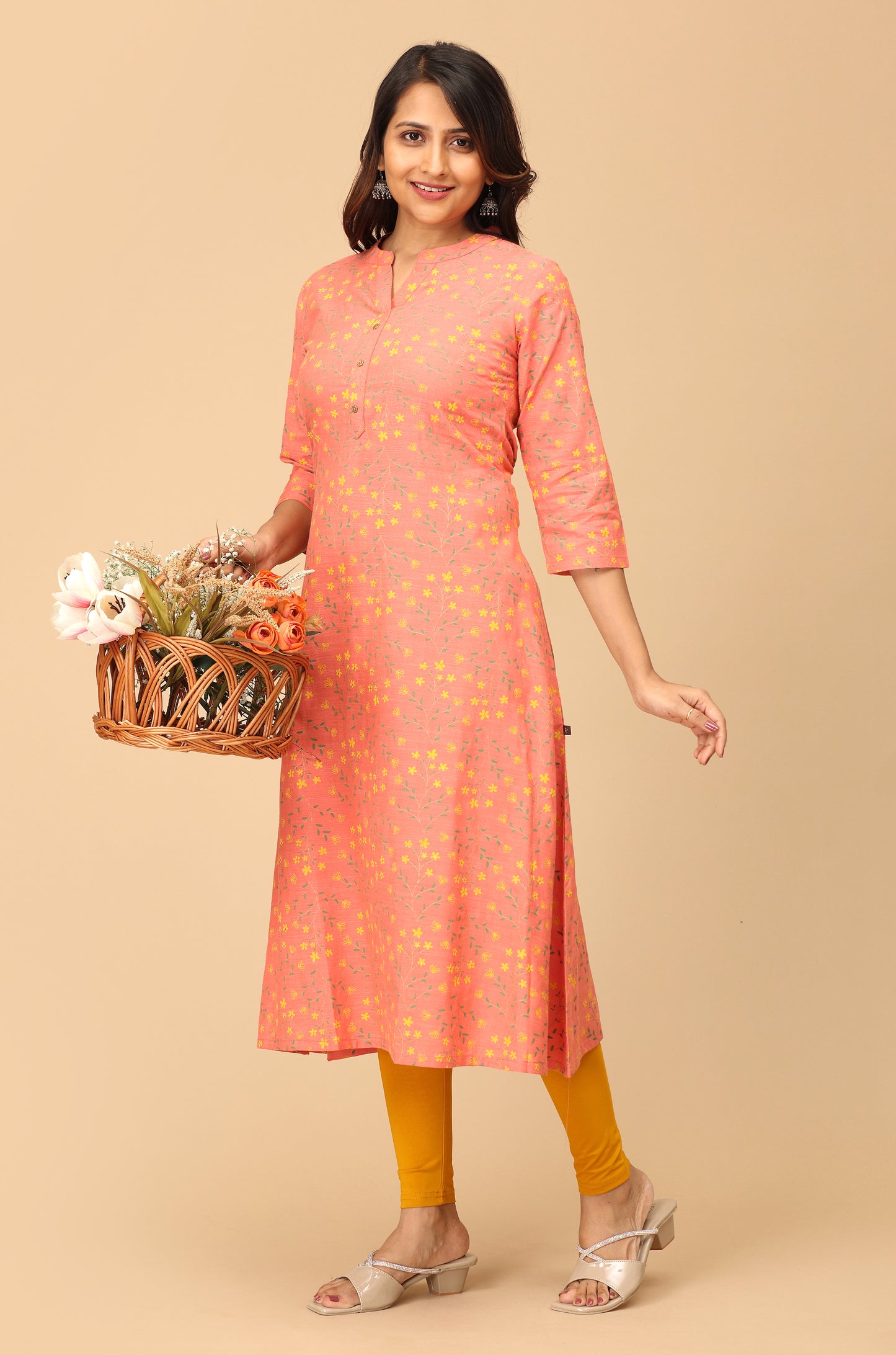Peach Rayon Slub Printed A-Line Kurti