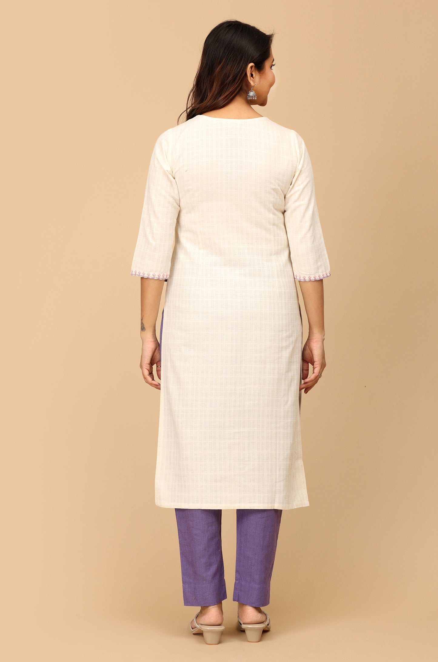 Off White Viscose Embroidery Straight Kurti