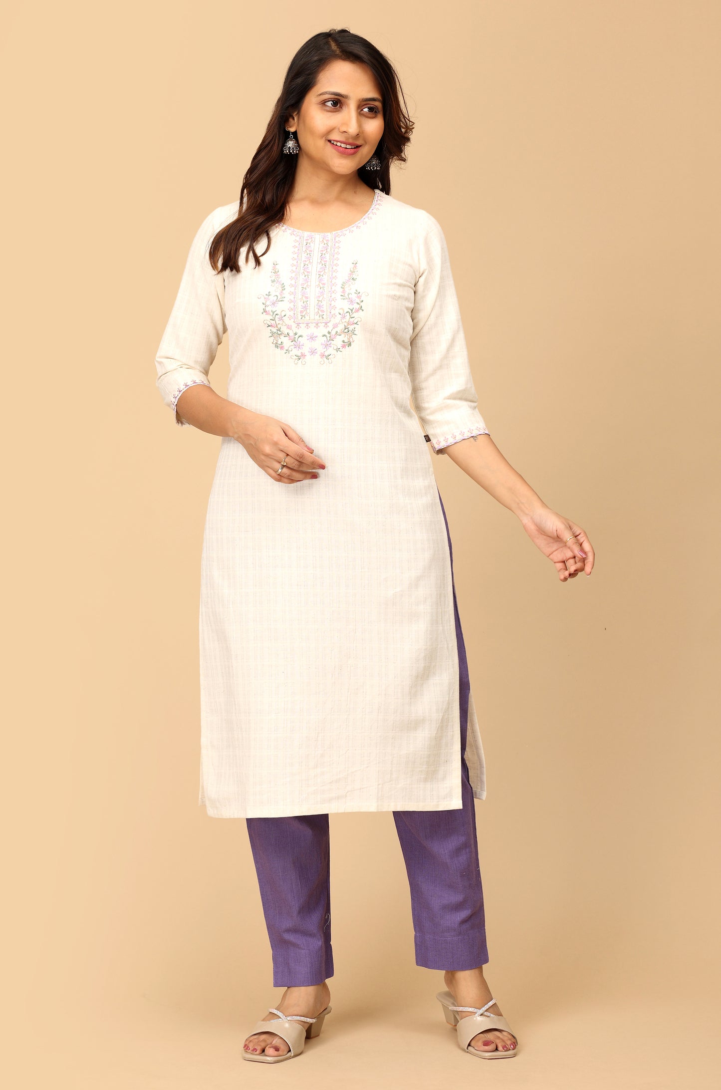 Off White Viscose Embroidery Straight Kurti