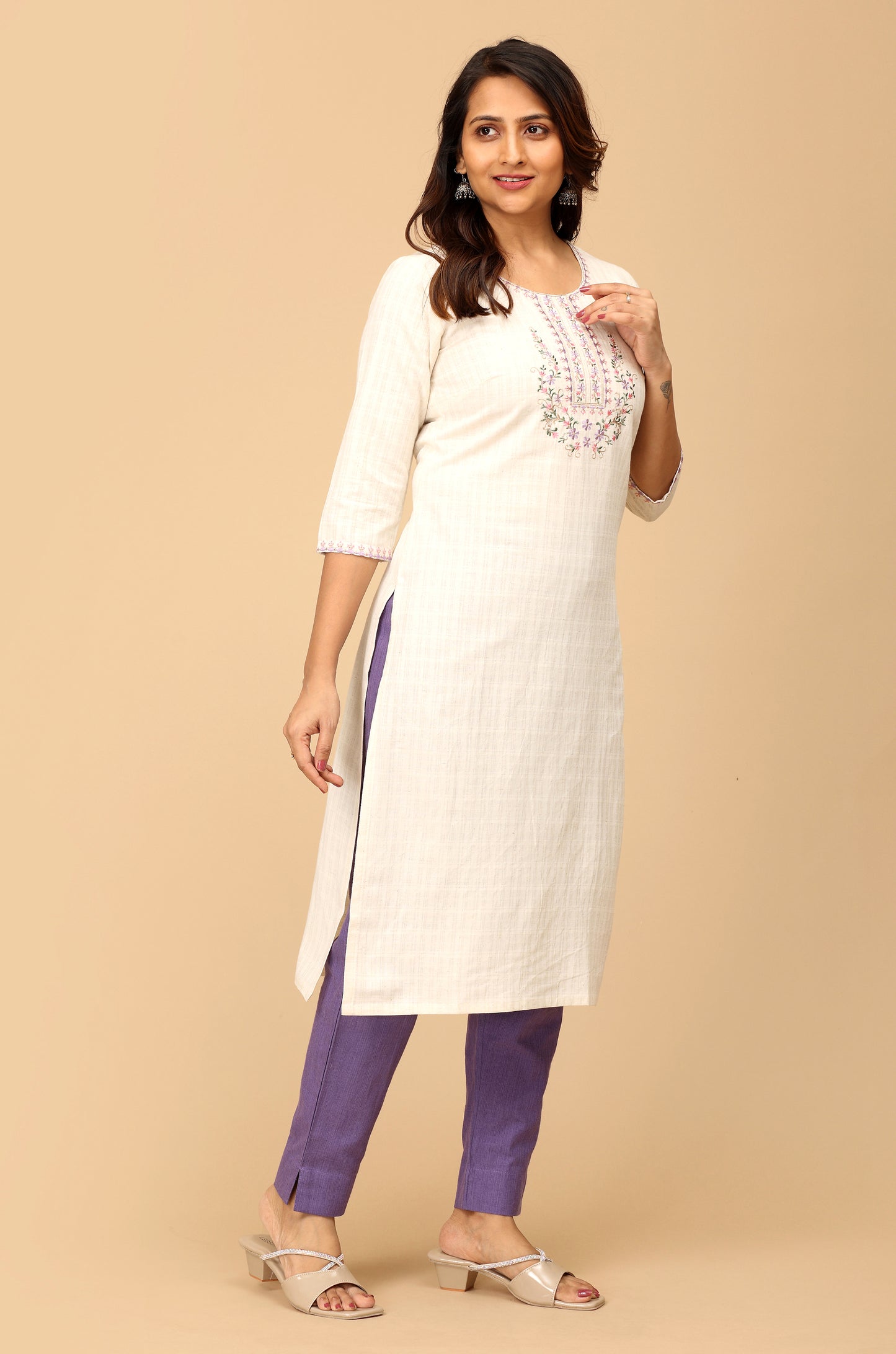 Off White Viscose Embroidery Straight Kurti