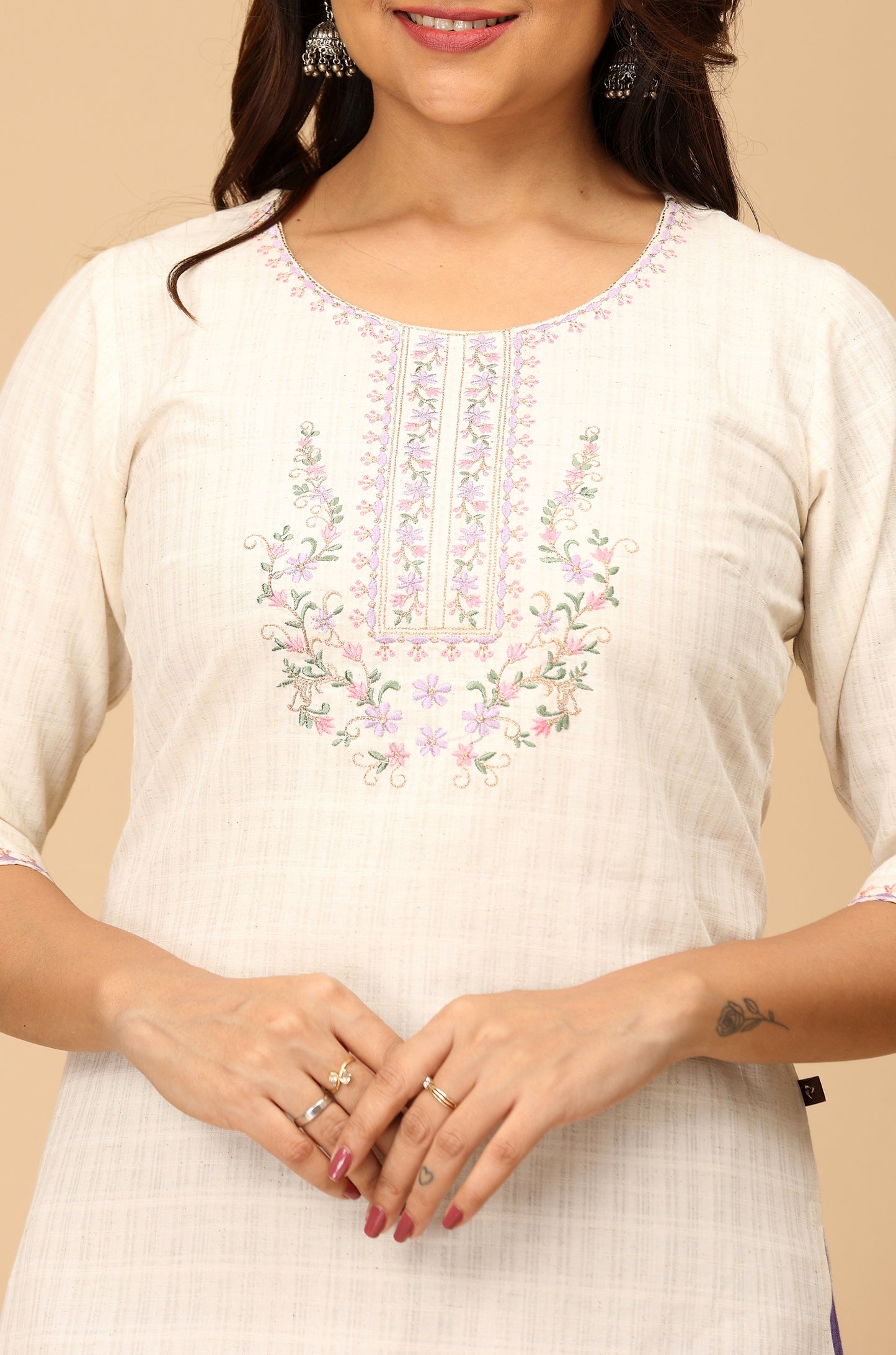 Off White Viscose Embroidery Straight Kurti