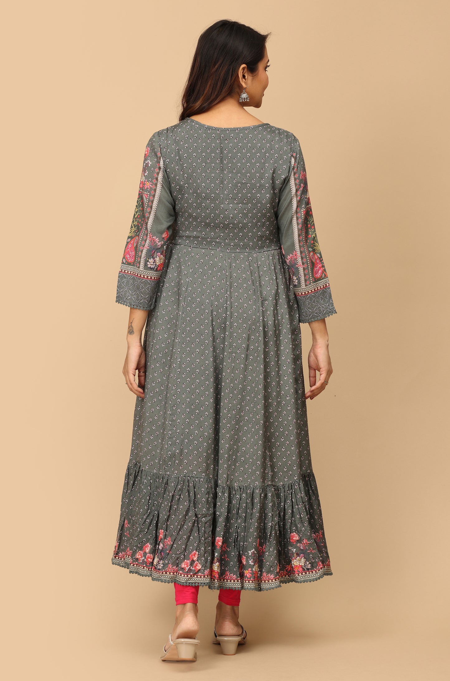Grey Cotton Printed & Handwork Anarkali with Frills
