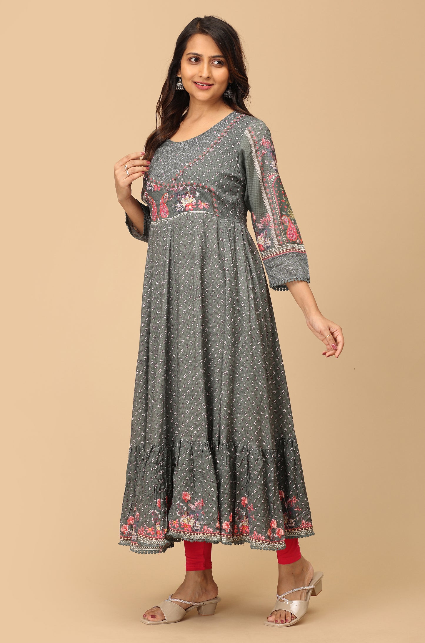 Grey Cotton Printed & Handwork Anarkali with Frills