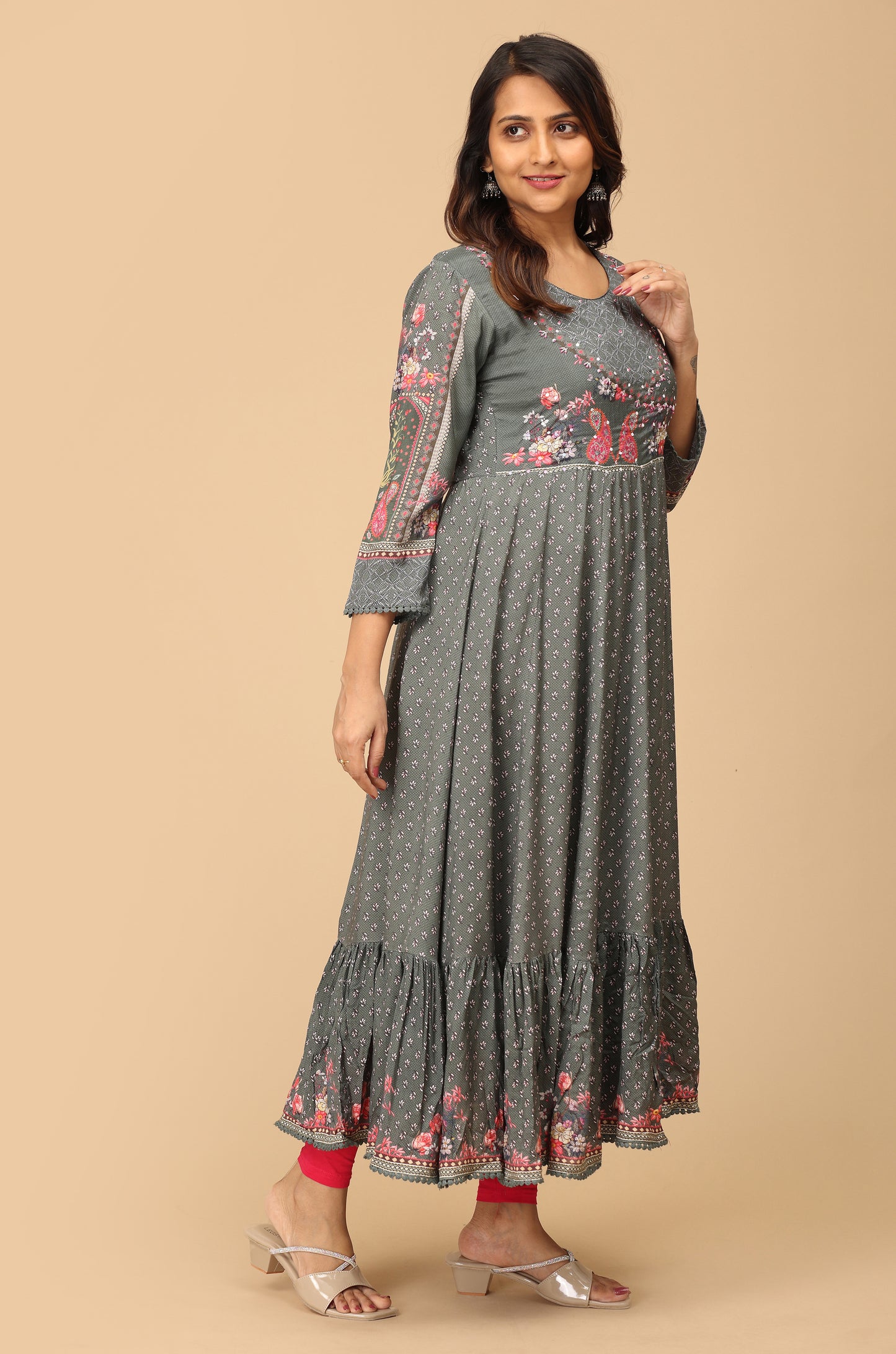 Grey Cotton Printed & Handwork Anarkali with Frills