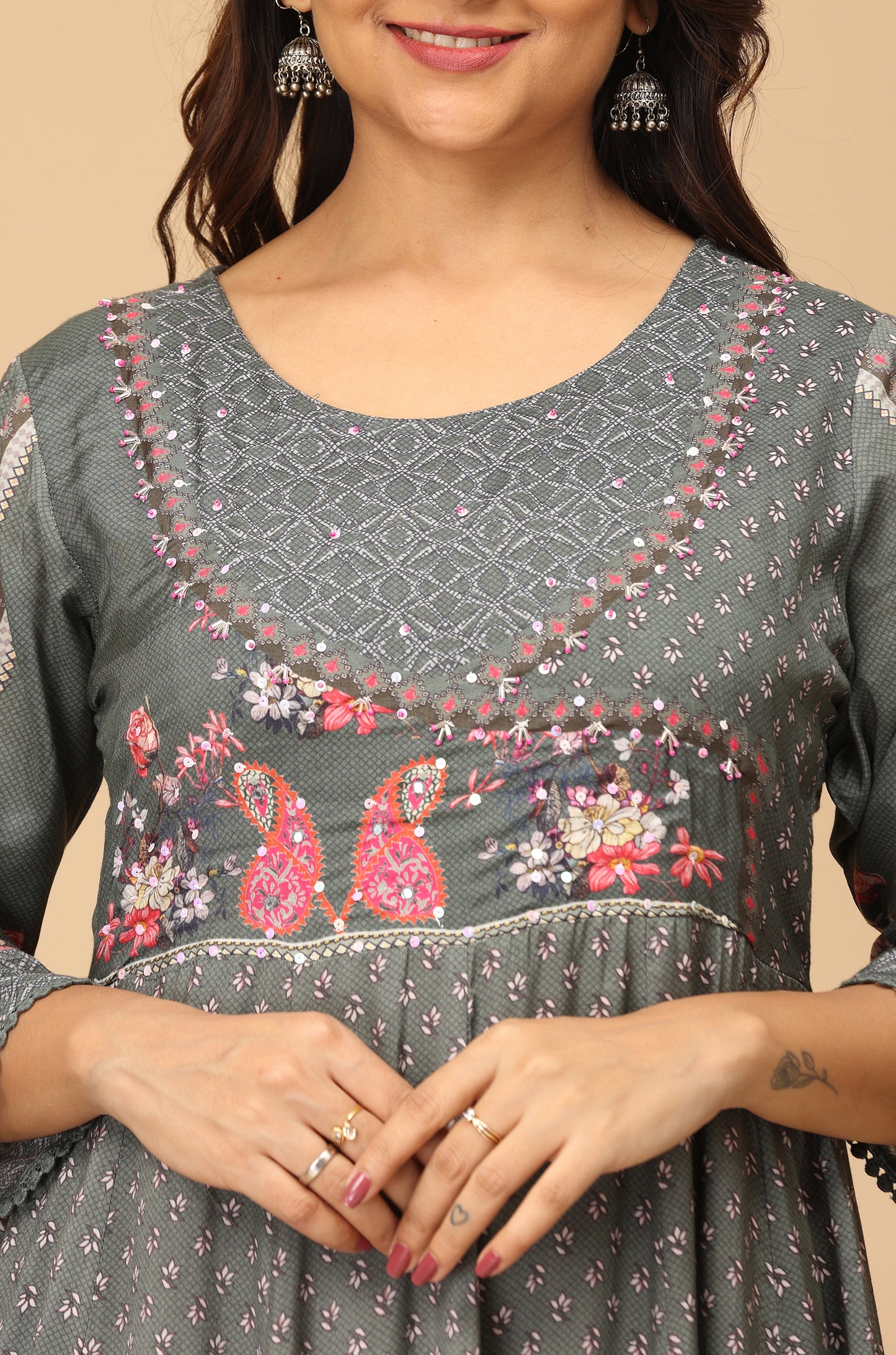 Grey Cotton Printed & Handwork Anarkali with Frills
