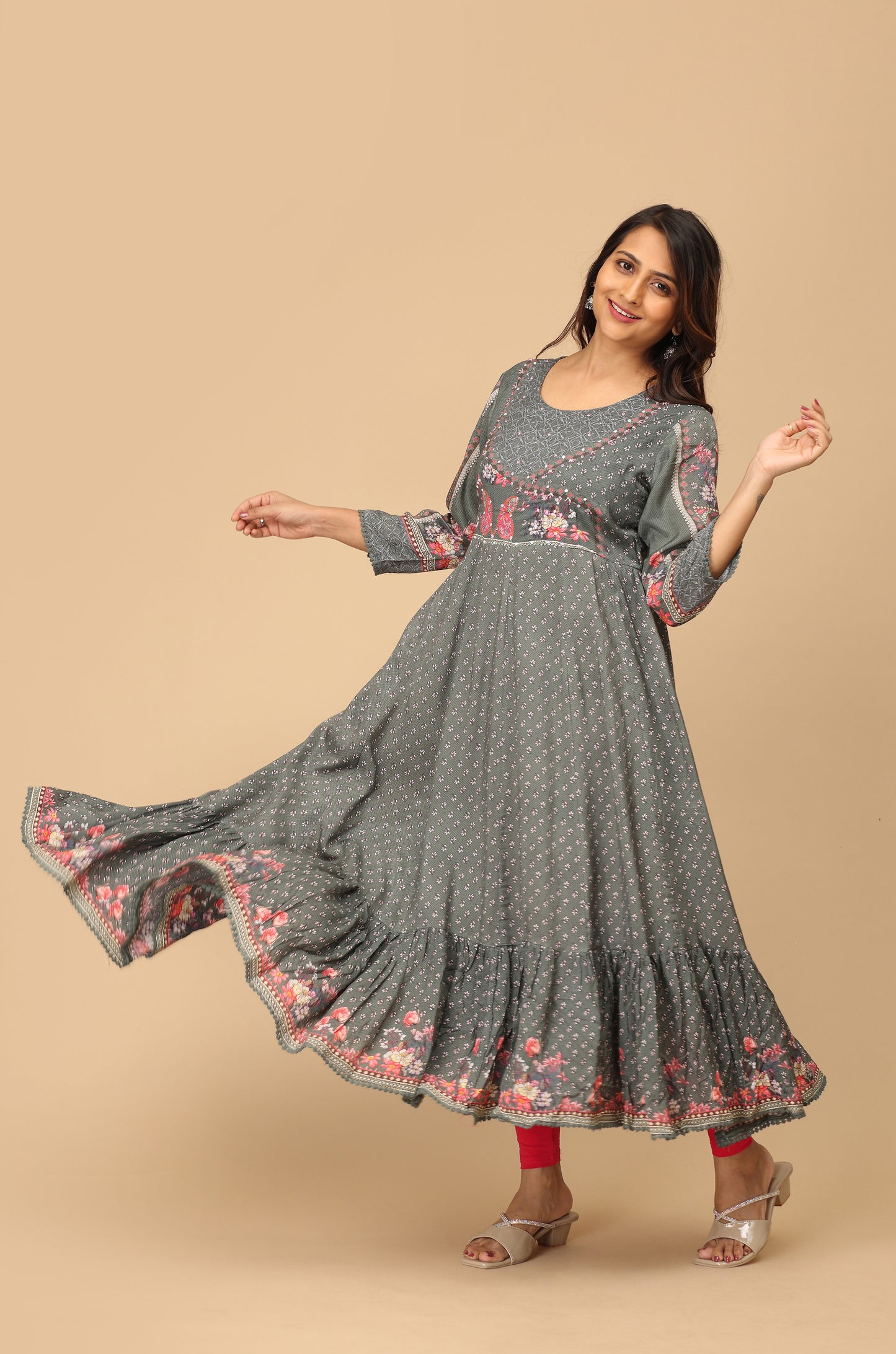 Grey Cotton Printed & Handwork Anarkali with Frills